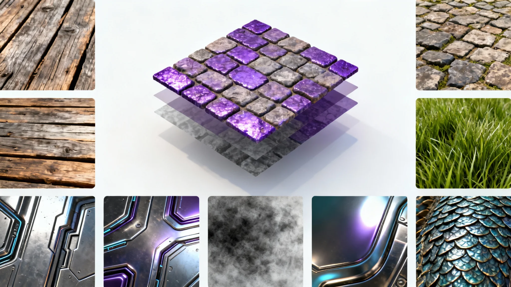 A flat lay of various video game texture samples on a white background. The central cobblestone texture is shown peeling apart into its component layers, symbolizing the texture editing process.