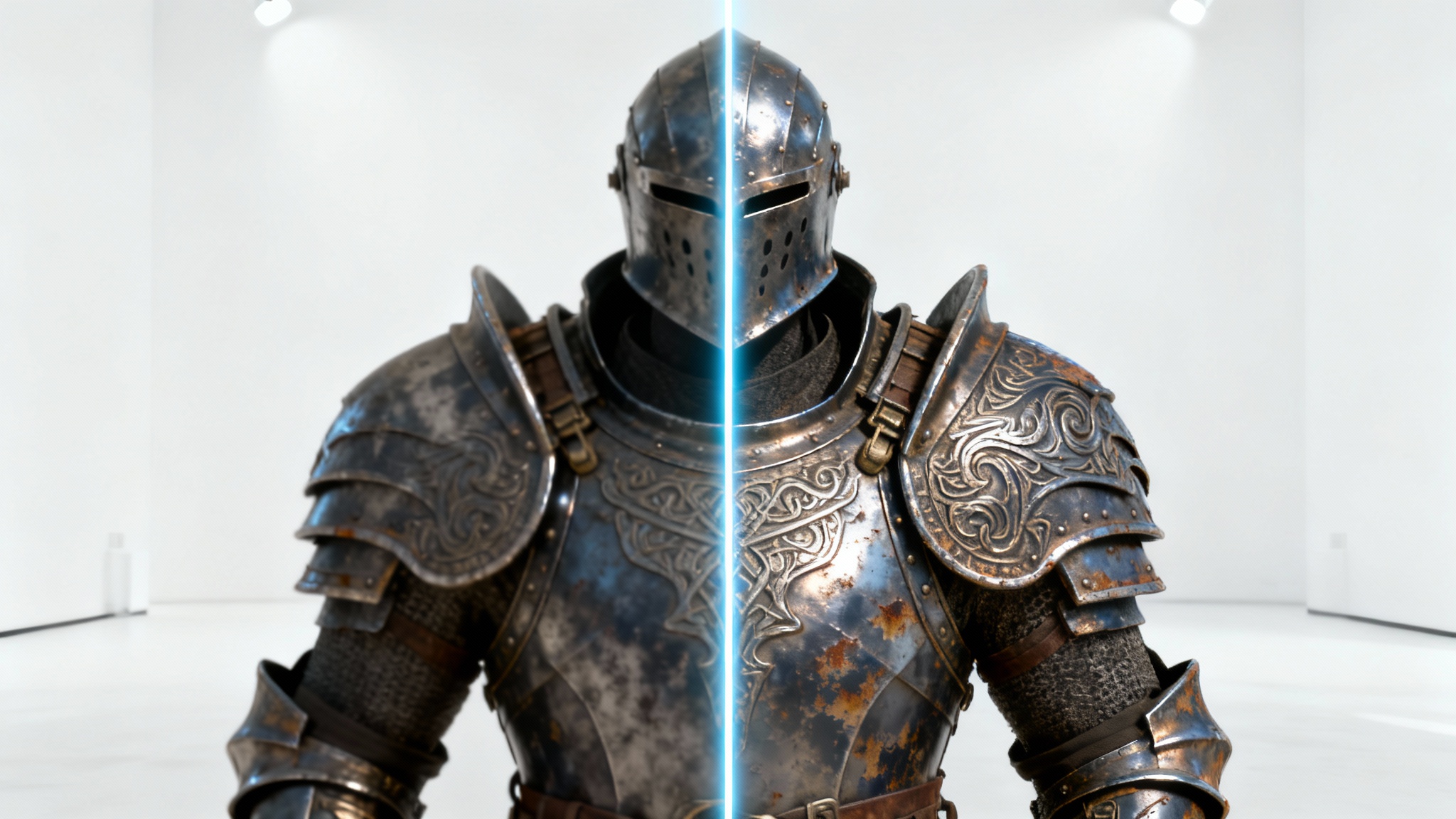 A 3D model of a knight's armor showing a before-and-after comparison of texture quality, demonstrating the effect of editing game textures.