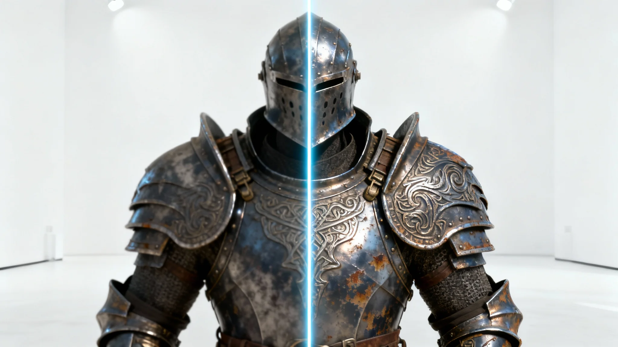 A 3D model of a knight's armor showing a before-and-after comparison of texture quality, demonstrating the effect of editing game textures.