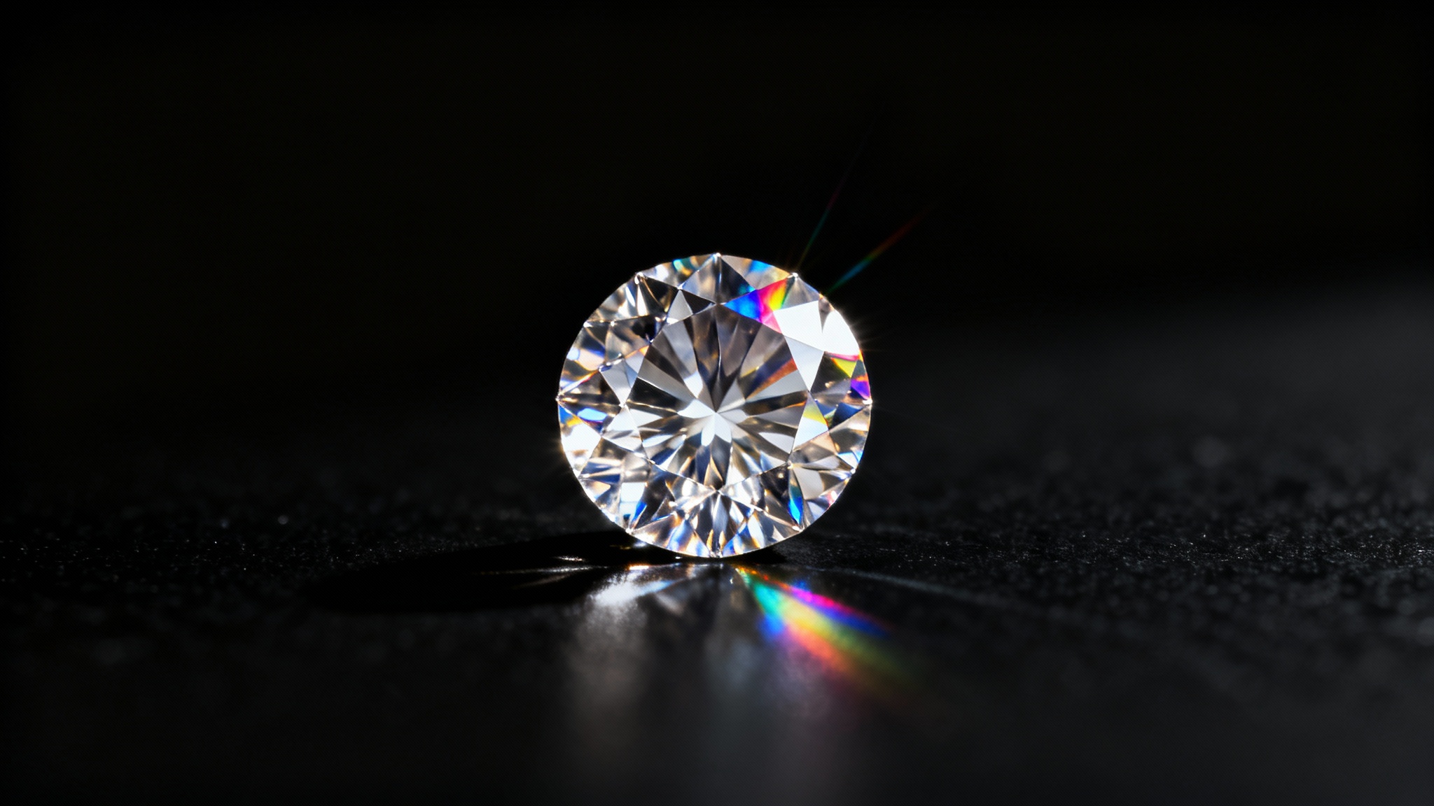 A stunning, professional macro photograph of a brilliant-cut diamond on a dark, reflective surface, showing its sparkle and rainbow facets in sharp detail.