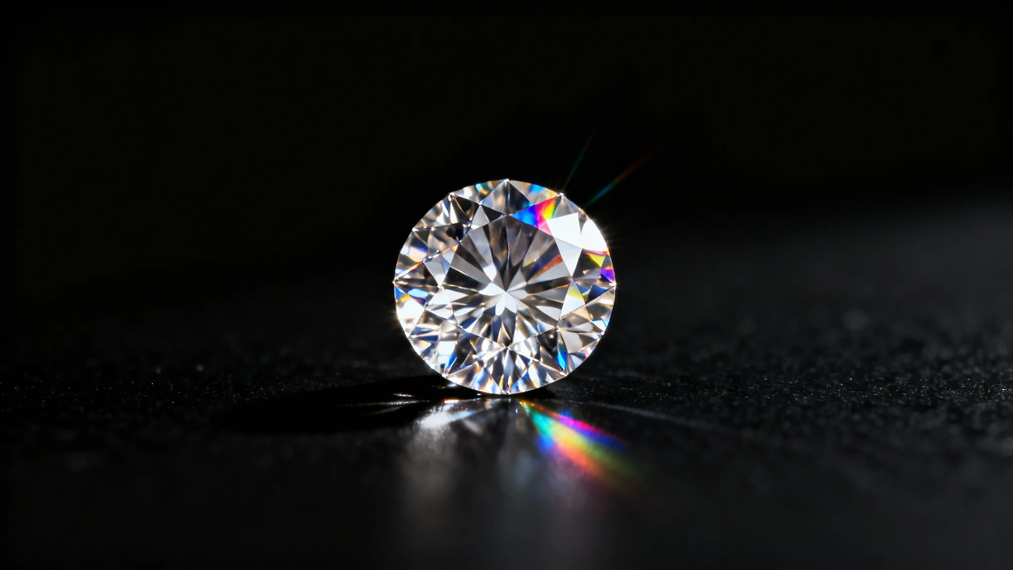 A stunning, professional macro photograph of a brilliant-cut diamond on a dark, reflective surface, showing its sparkle and rainbow facets in sharp detail.