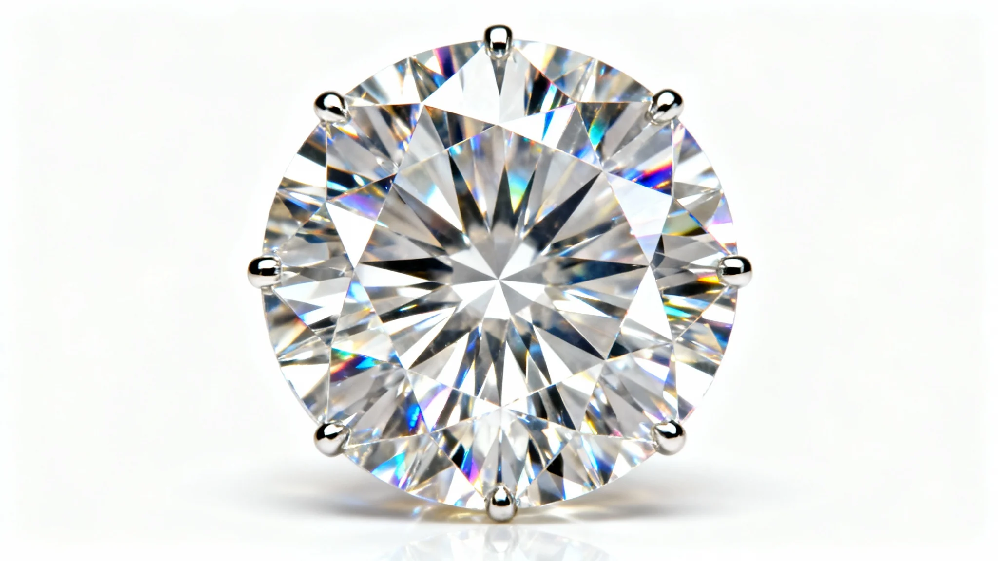 An extreme close-up macro shot of a perfect, brilliant-cut diamond against a stark white background, showcasing its clarity and the rainbow fire reflecting from its facets.