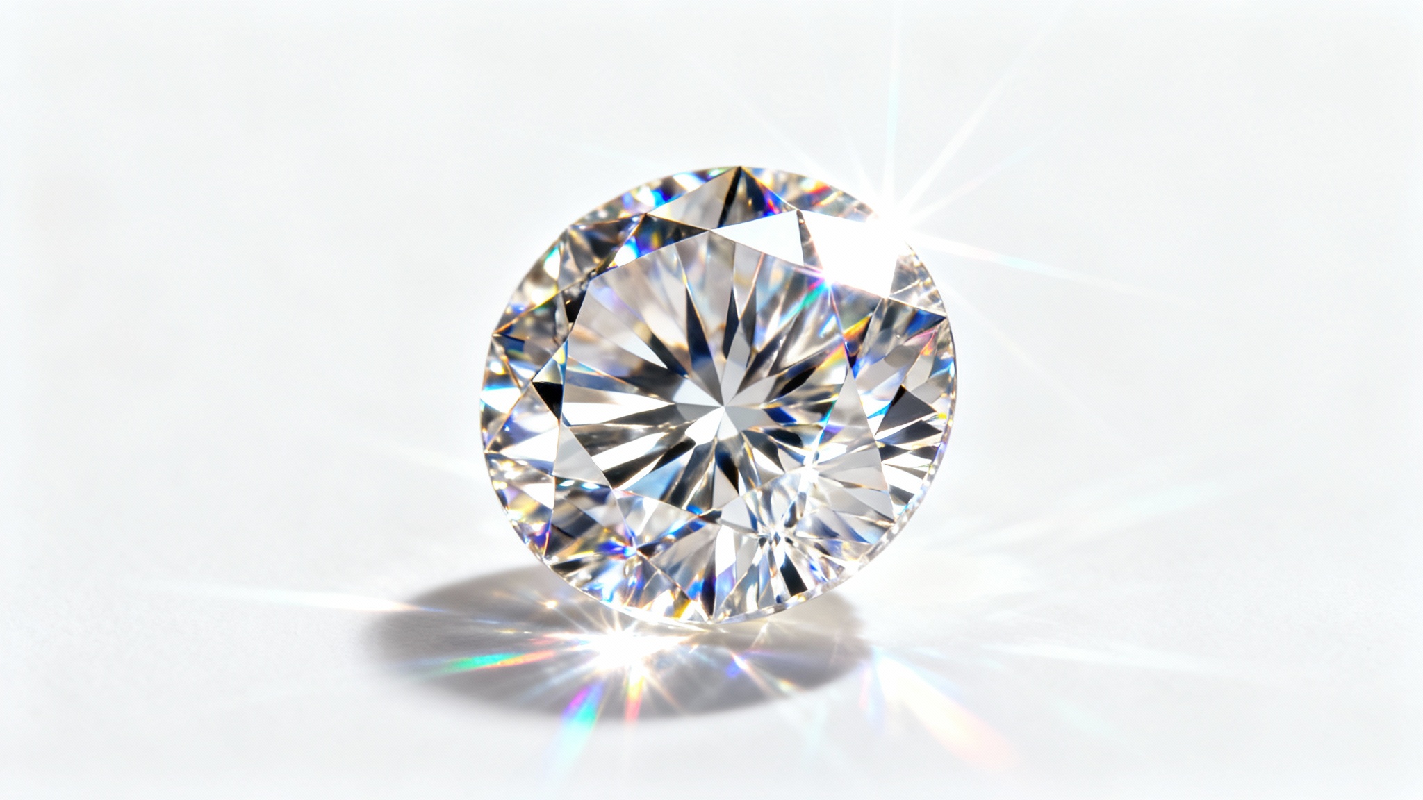 A flawless, brilliantly cut diamond photographed in extreme close-up against a pure white background, with light refracting through its facets to create rainbow-colored sparkles.