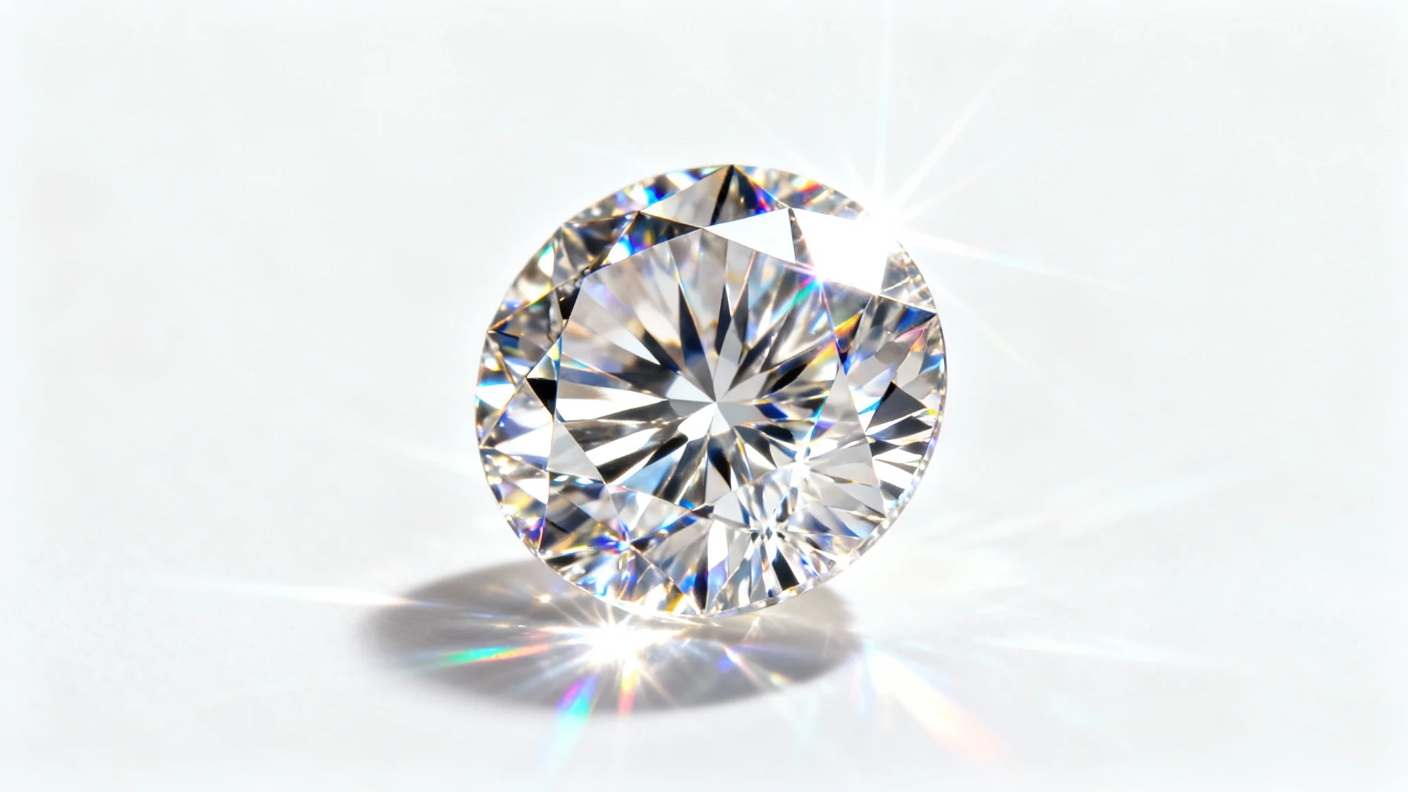 A flawless, brilliantly cut diamond photographed in extreme close-up against a pure white background, with light refracting through its facets to create rainbow-colored sparkles.