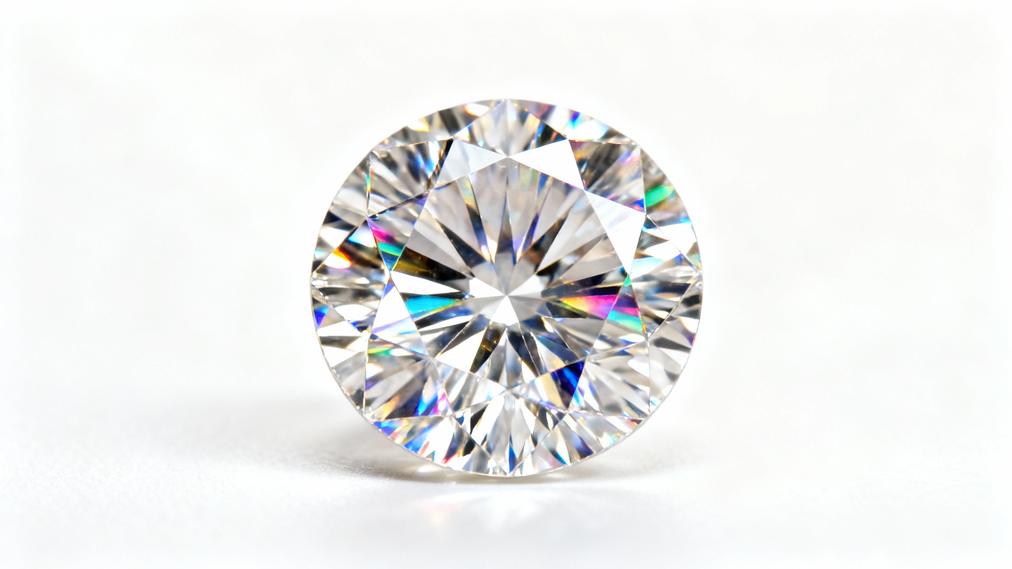 A close-up, photorealistic image of a perfect, brilliant-cut diamond sparkling with rainbow colors against a stark white background, emphasizing its clarity and beauty.