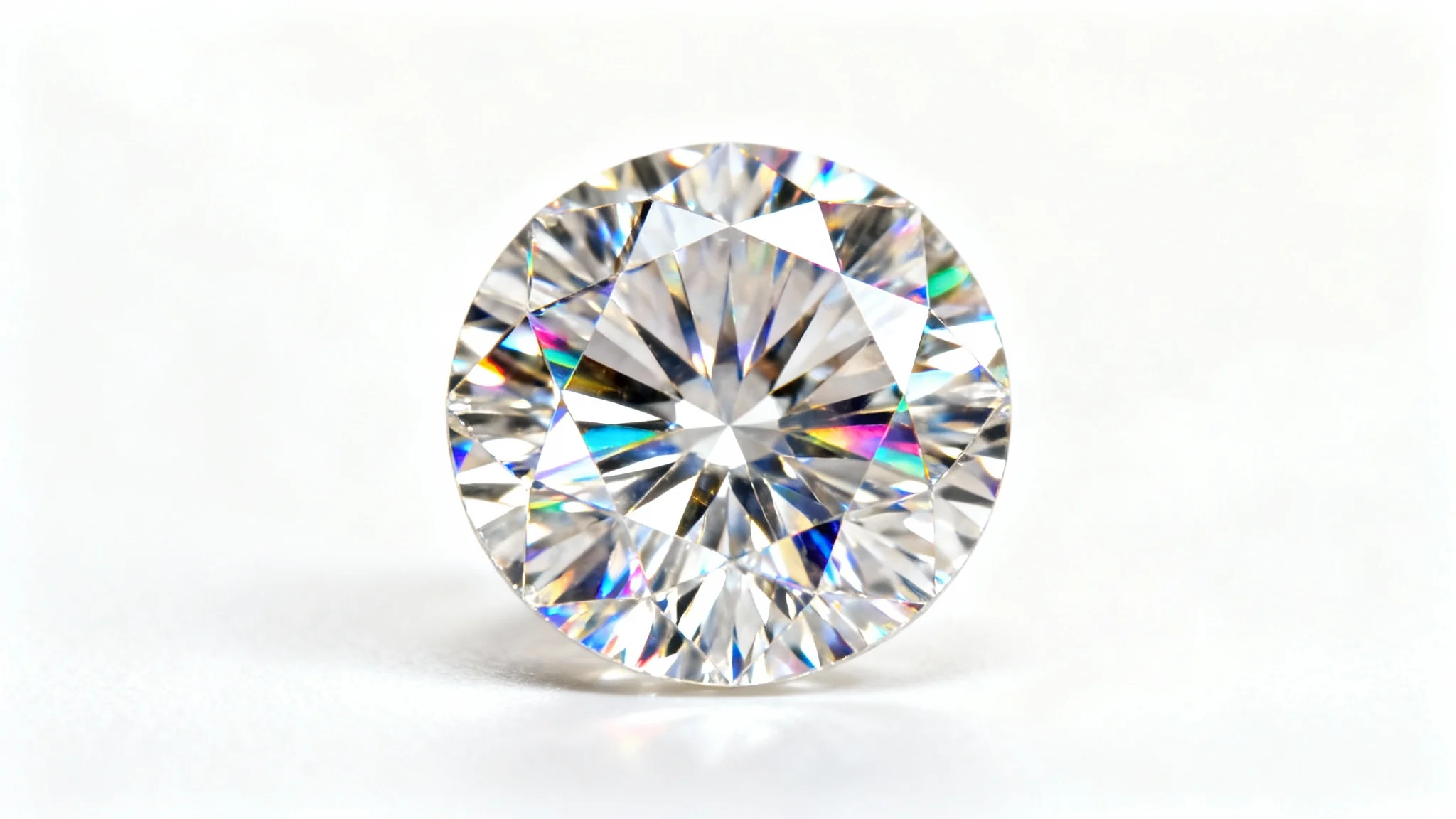 A close-up, photorealistic image of a perfect, brilliant-cut diamond sparkling with rainbow colors against a stark white background, emphasizing its clarity and beauty.