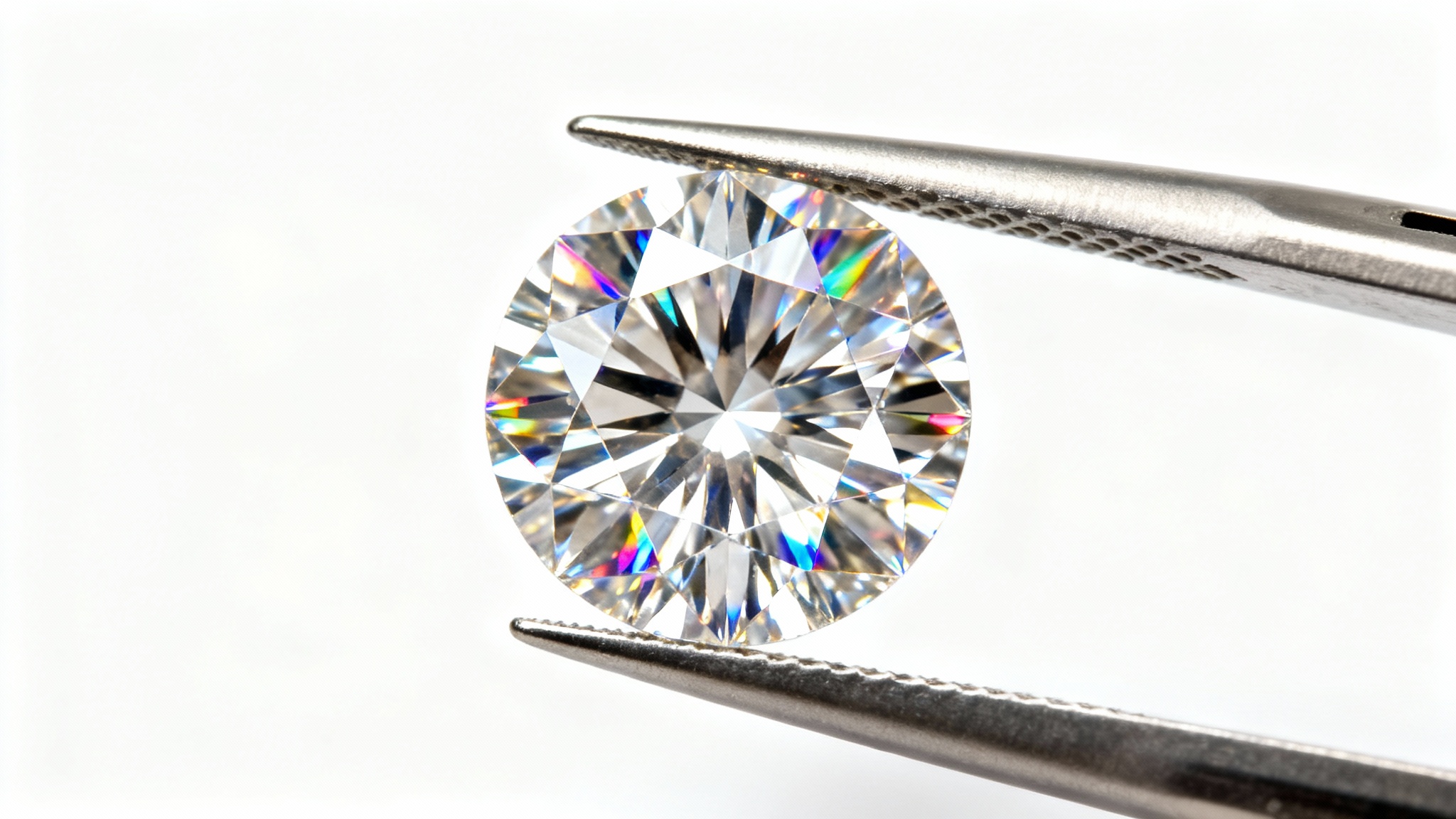 An expert macro photograph of a flawless brilliant-cut diamond being held by tweezers, showcasing its incredible sparkle and sharp facets against a clean white background.