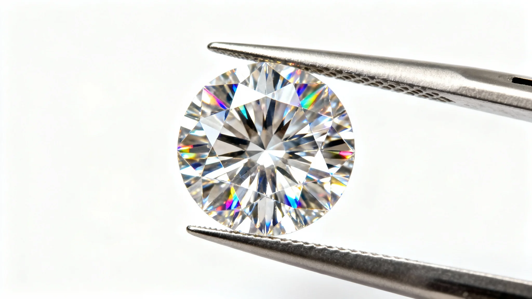 An expert macro photograph of a flawless brilliant-cut diamond being held by tweezers, showcasing its incredible sparkle and sharp facets against a clean white background.