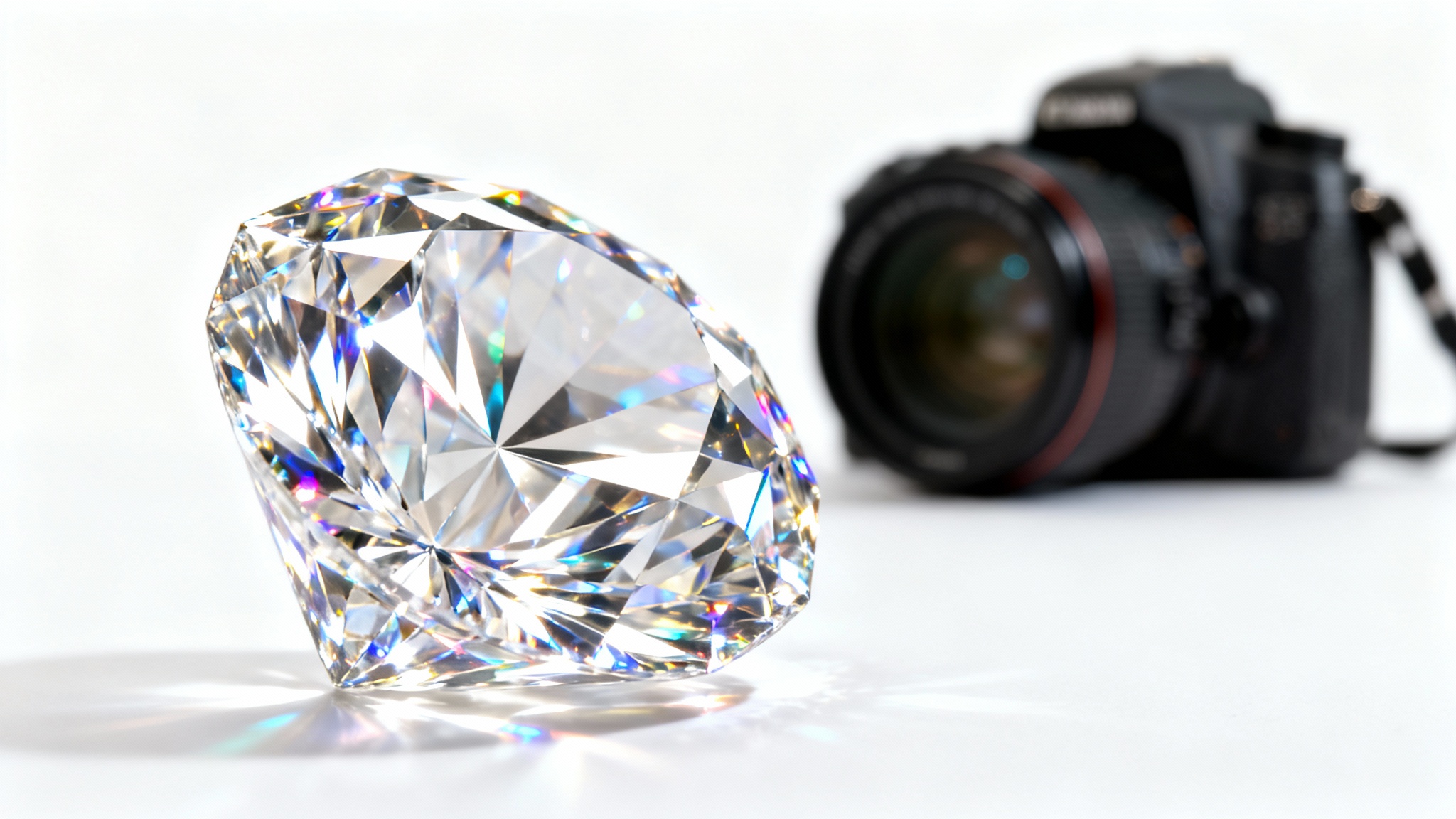 A hyperrealistic macro shot of a flawless brilliant-cut diamond sparkling under studio lights, with a camera lens in the background, set against a pure white backdrop.