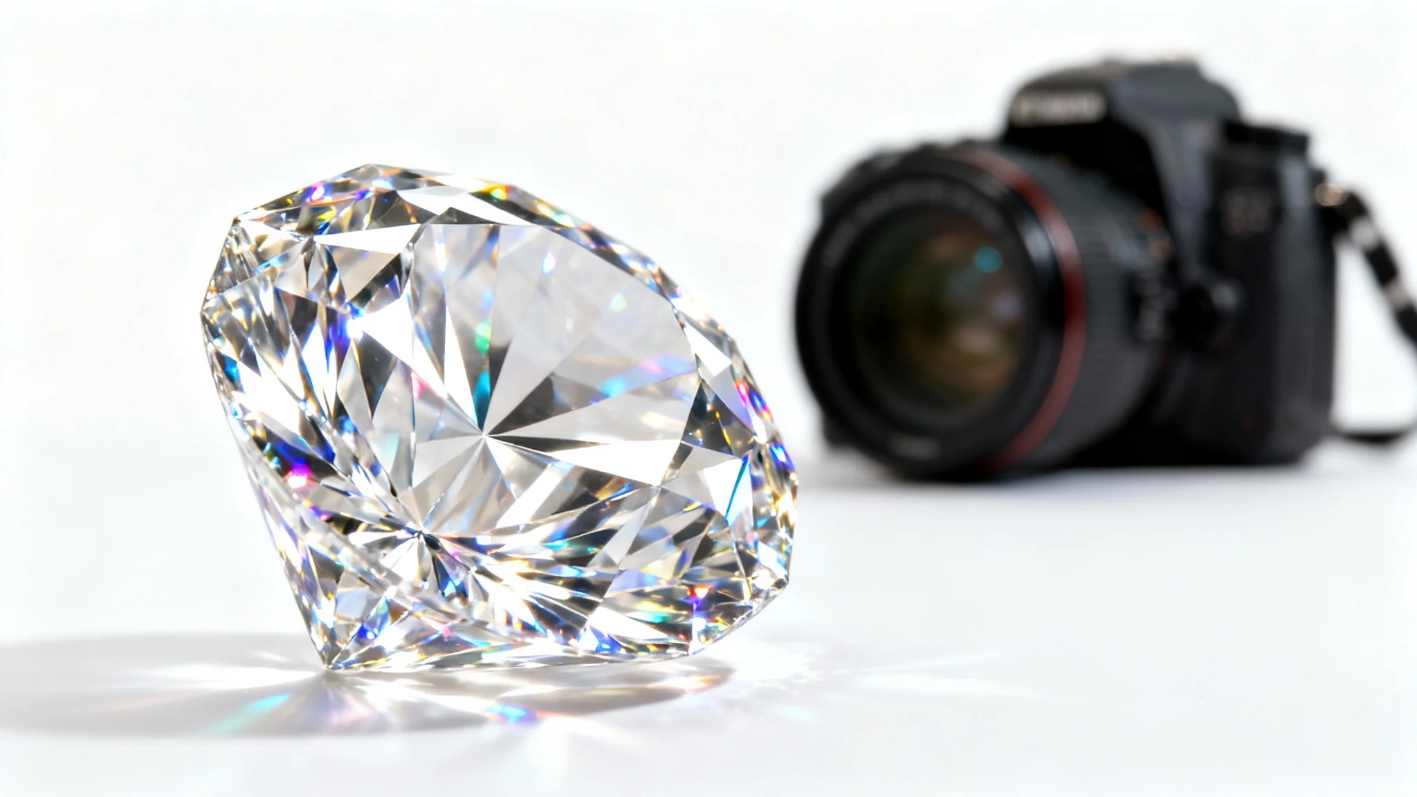 A hyperrealistic macro shot of a flawless brilliant-cut diamond sparkling under studio lights, with a camera lens in the background, set against a pure white backdrop.