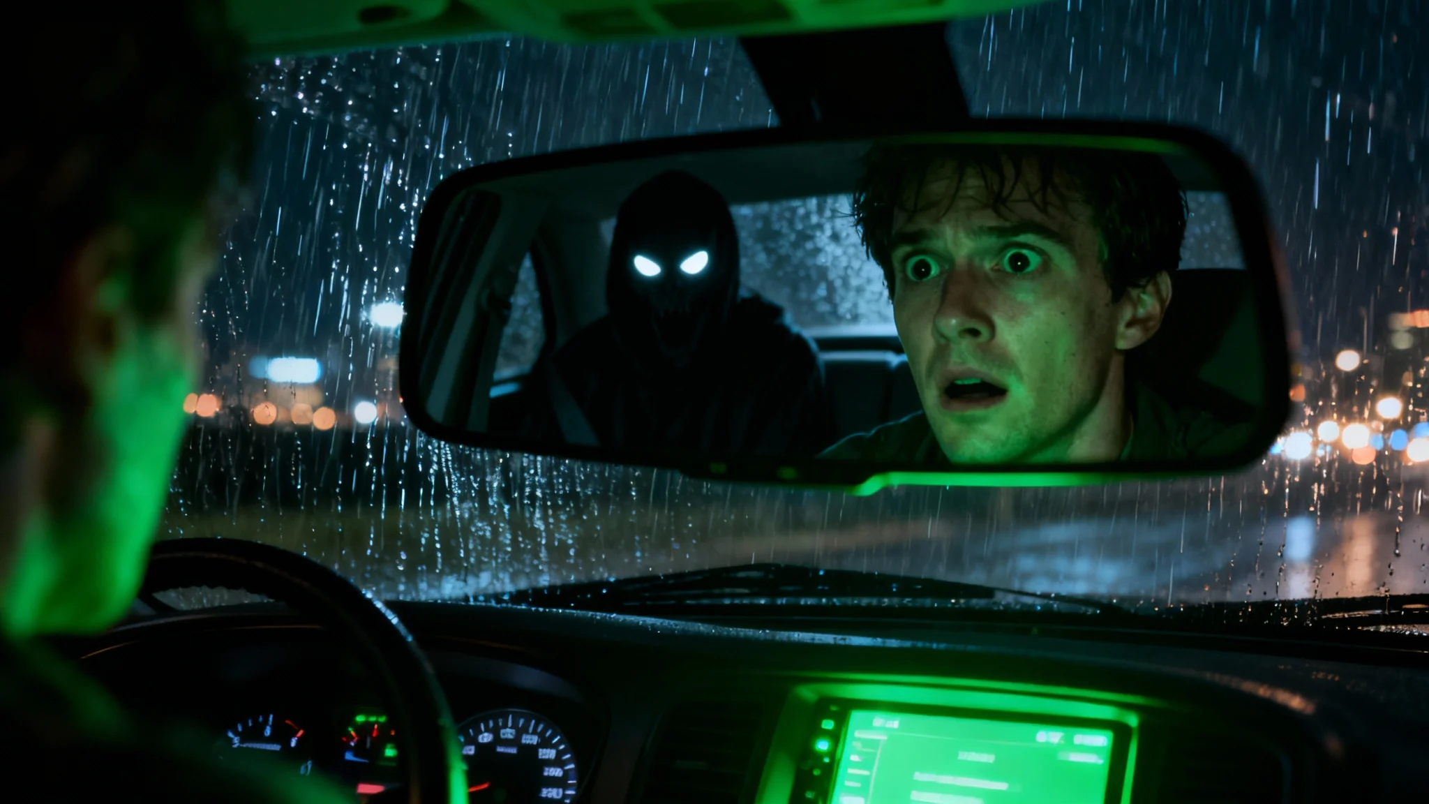 A cinematic hero image depicting the urban legend of the killer in the backseat, showing a driver's horrified reaction in the rearview mirror.