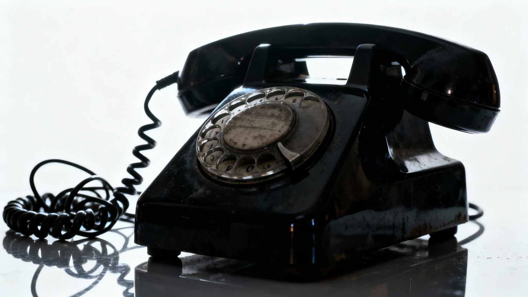 A dramatic, photorealistic image of a vintage black rotary phone on a stark white background, lit by a single spotlight to create a suspenseful and eerie mood, representing an urban legend.