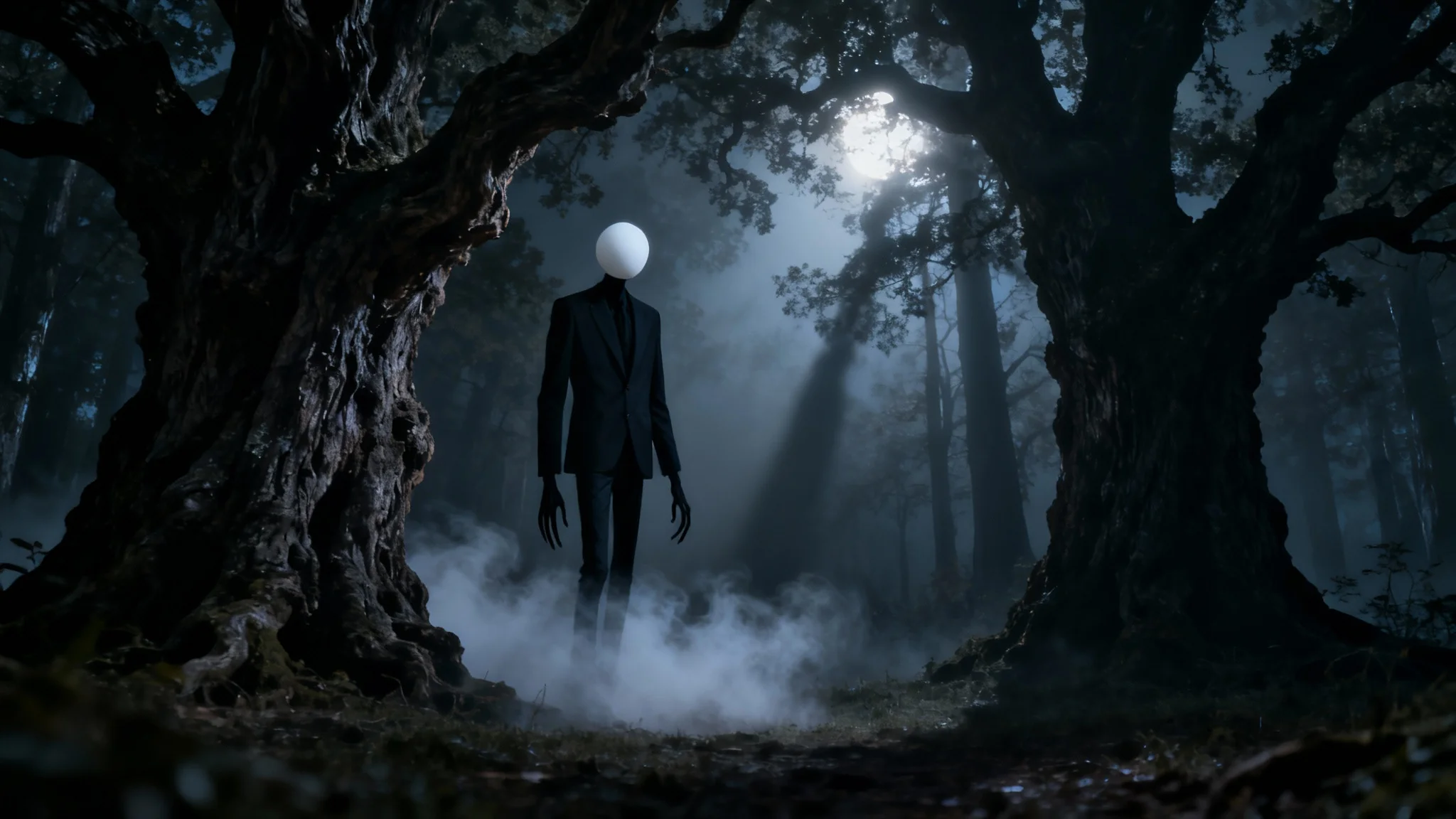An eerie, photorealistic depiction of an urban legend, showing a tall, faceless figure in a black suit standing in a dark, foggy forest at night.