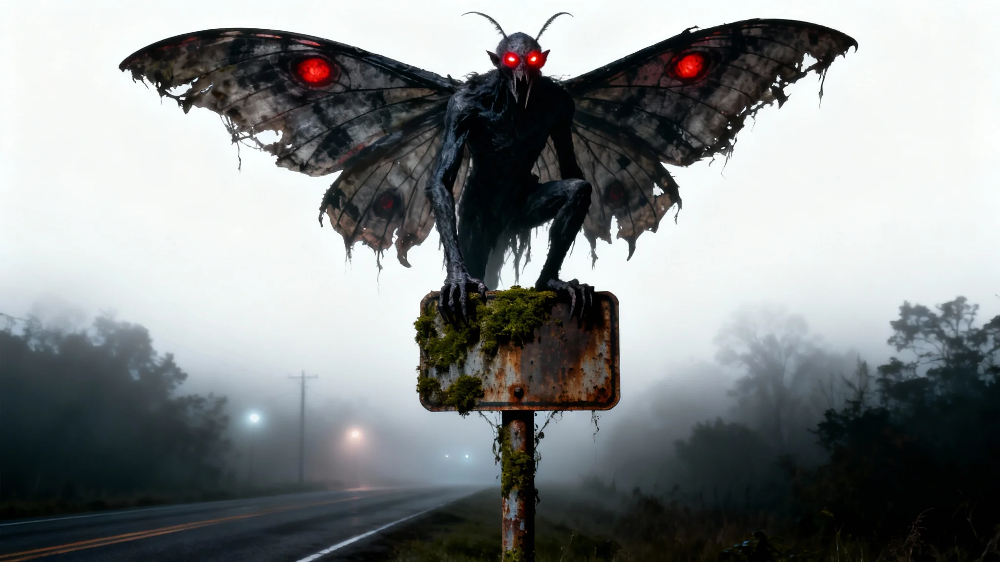 A hyper-realistic image of a shadowy Mothman creature with glowing red eyes, perched on a signpost on a foggy night, presented as a mockup on a white background.