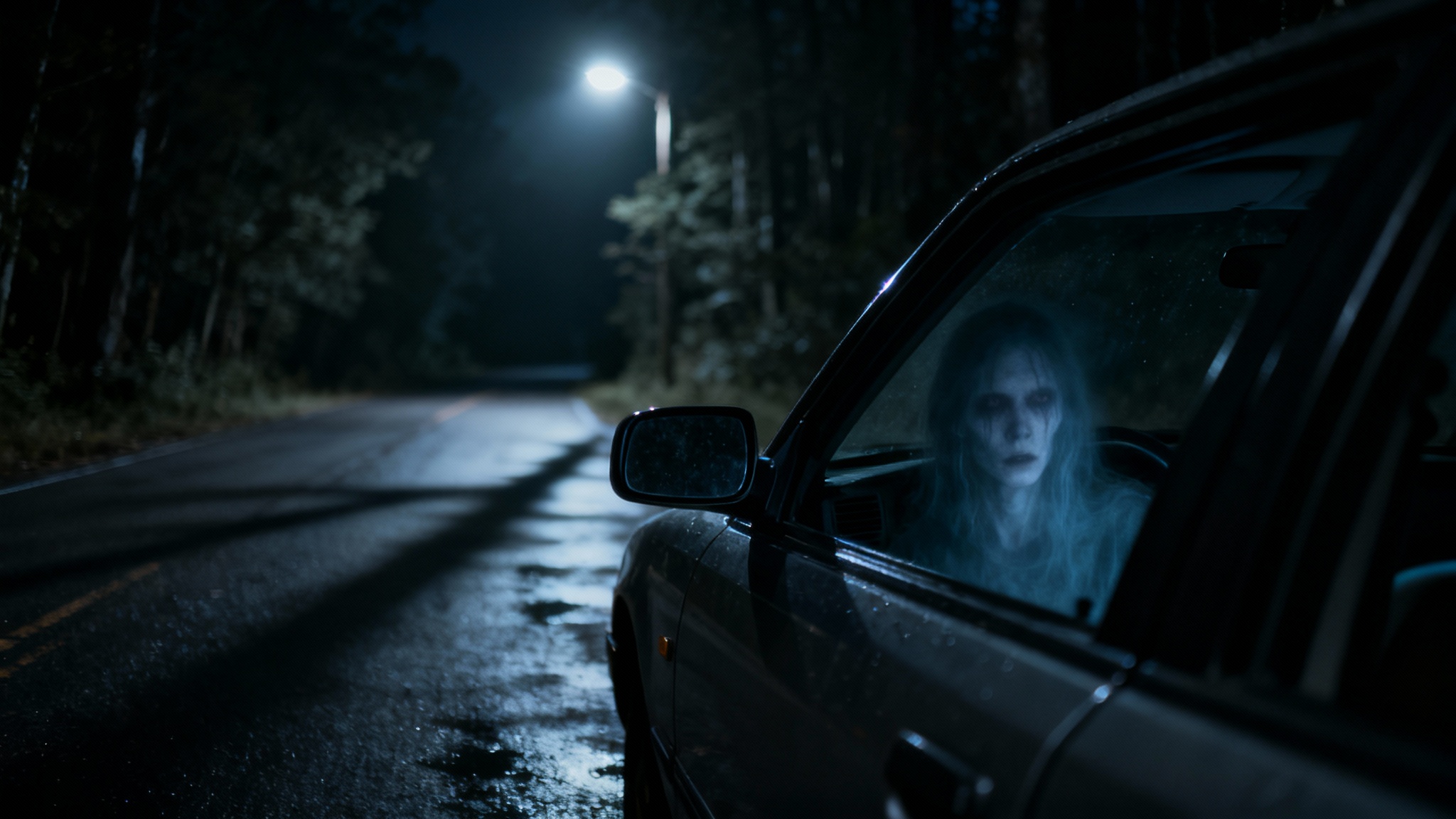 A hyper-realistic image depicting an urban legend: a dark, empty car at night, where the rearview mirror reflects a ghostly, blurred figure in the backseat, creating a suspenseful and eerie mood.