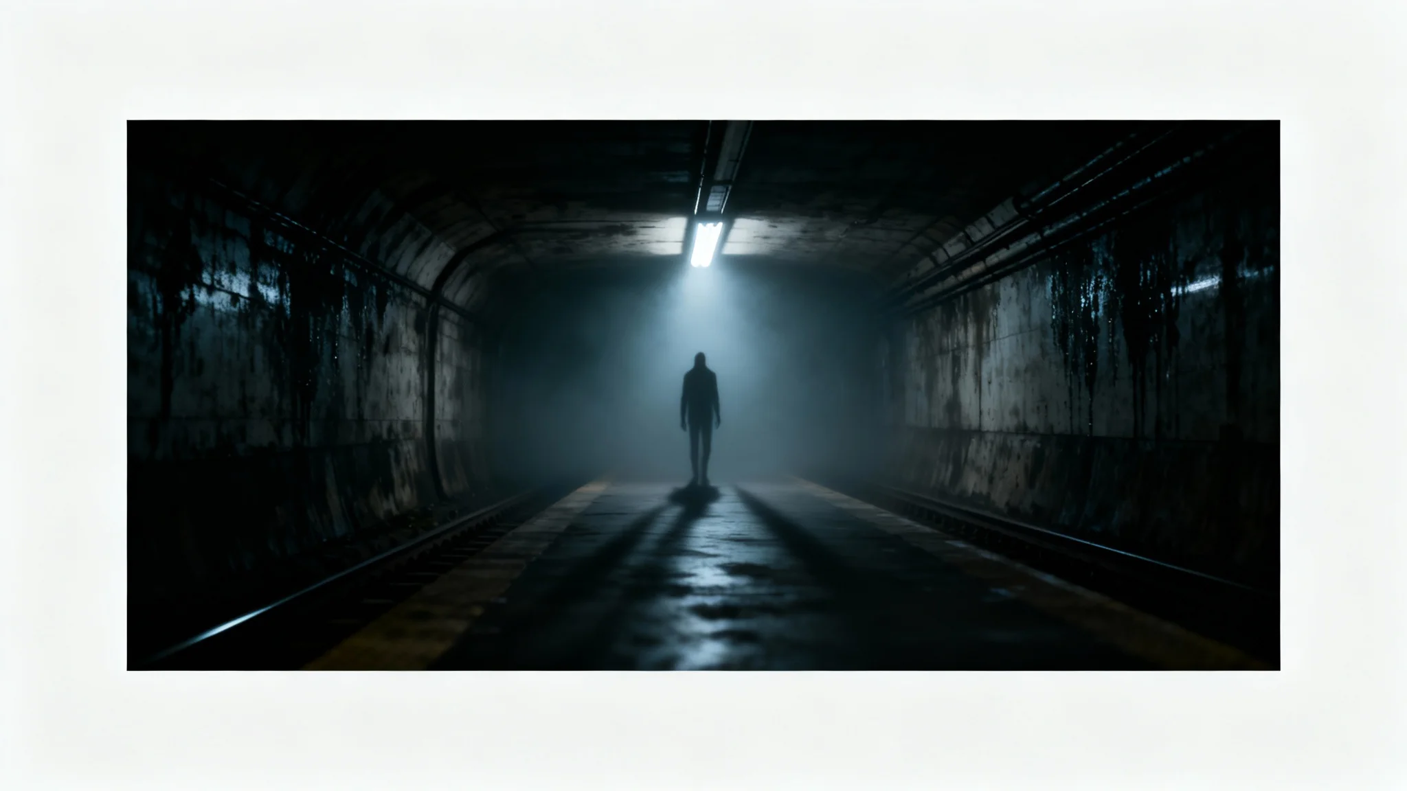 An eerie, shadowy figure representing an urban legend, seen at the far end of a dark and foggy subway tunnel.
