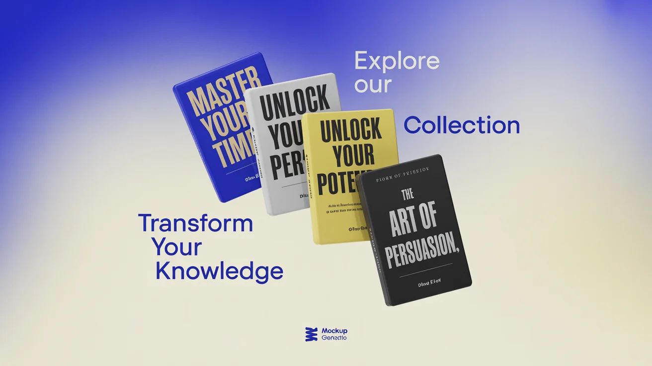 A polished still frame from a promotional video showing a collection of professional ebook mockups with titles like 'Master Your Time' and 'Unlock Your Potential'. The books are arranged in a dynamic 3D layout against a soft gradient background, with animated text overlays.