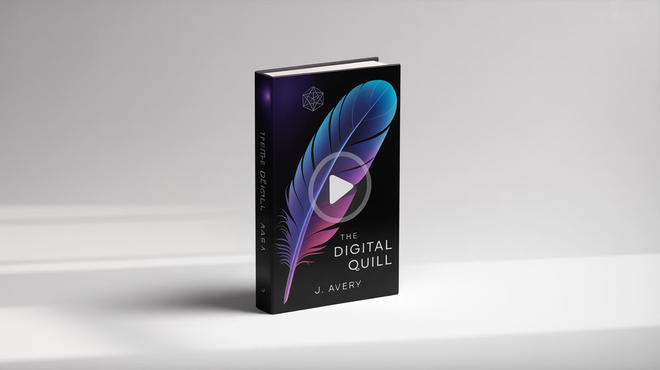 A 3D mockup of an e-book titled 'The Digital Quill', standing on a white background with a video play button icon on its cover.