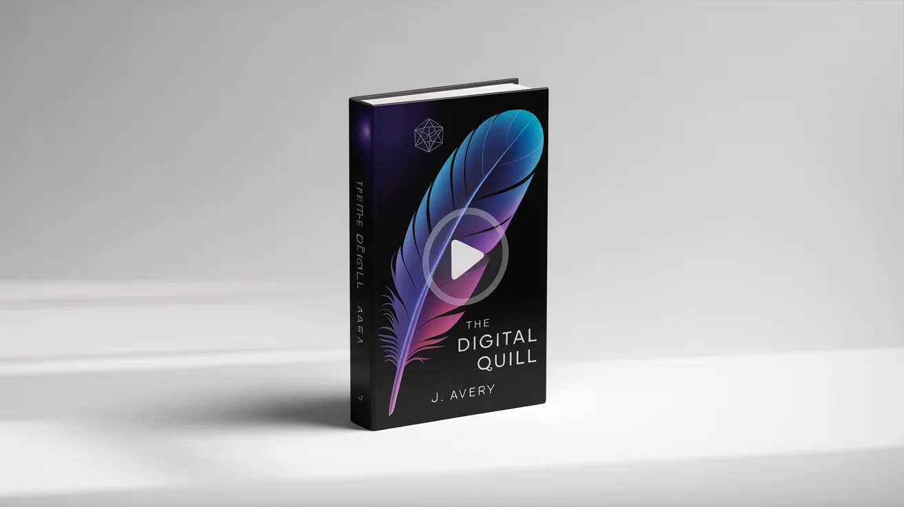 A 3D mockup of an e-book titled 'The Digital Quill', standing on a white background with a video play button icon on its cover.