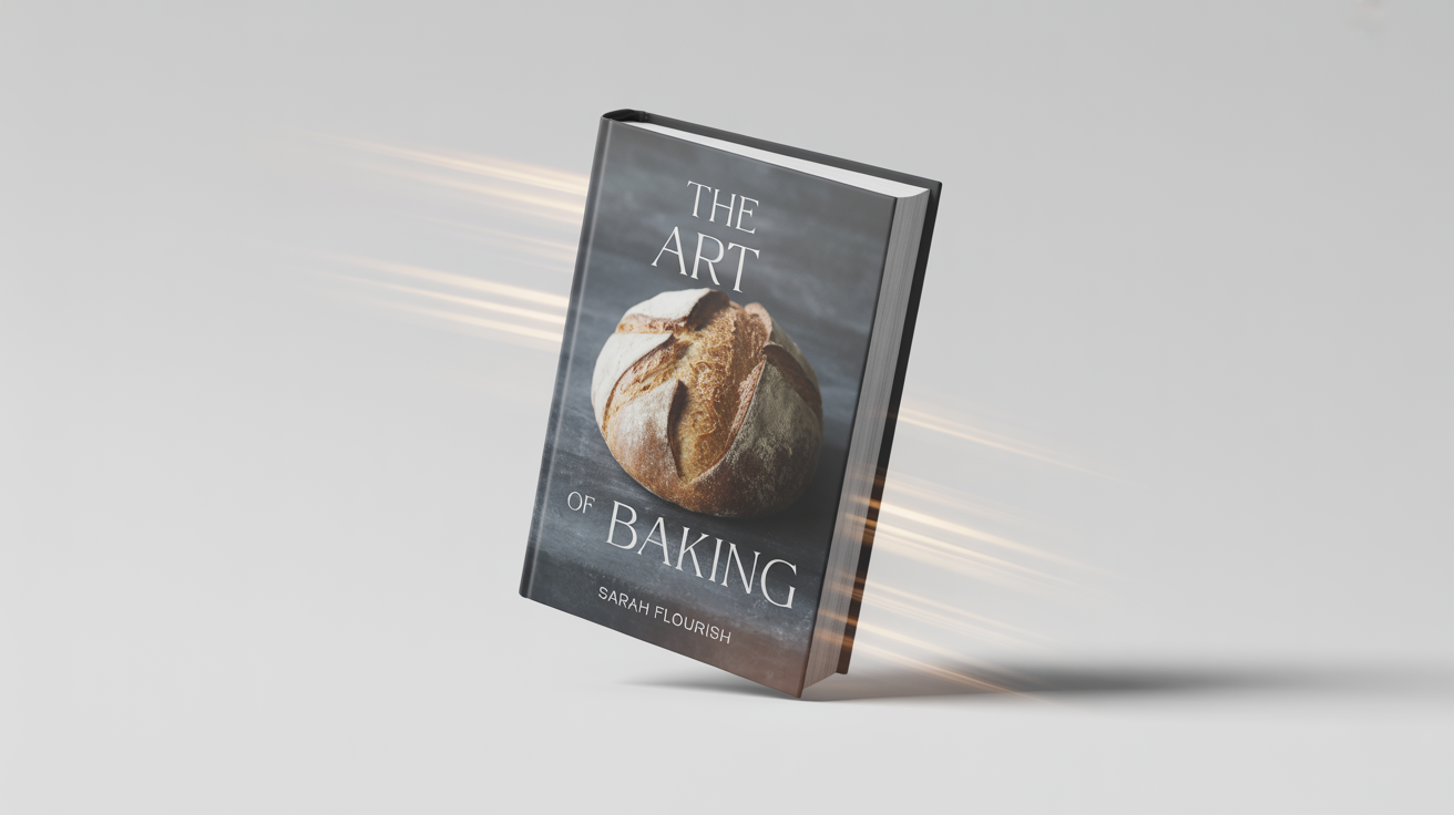 A cinematic mockup of a cookbook titled 'The Art of Baking', shown as a still frame from a promotional video, floating against a clean white background.
