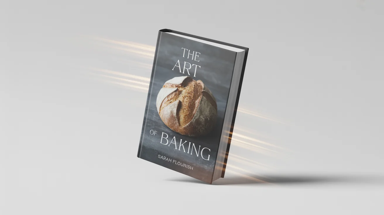 A cinematic mockup of a cookbook titled 'The Art of Baking', shown as a still frame from a promotional video, floating against a clean white background.