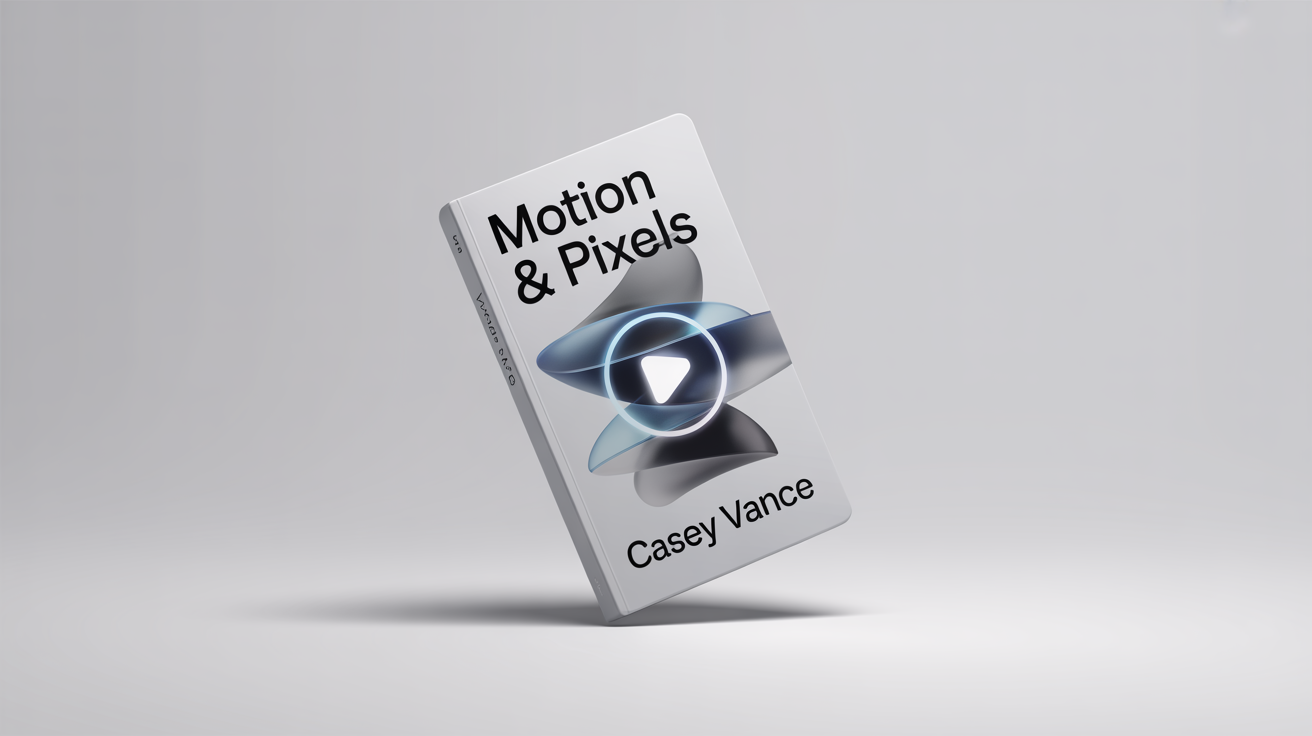 A professional mockup of an ebook titled 'Motion & Pixels', displayed at an angle against a white background with a glowing play button icon, representing an ebook video mockup.