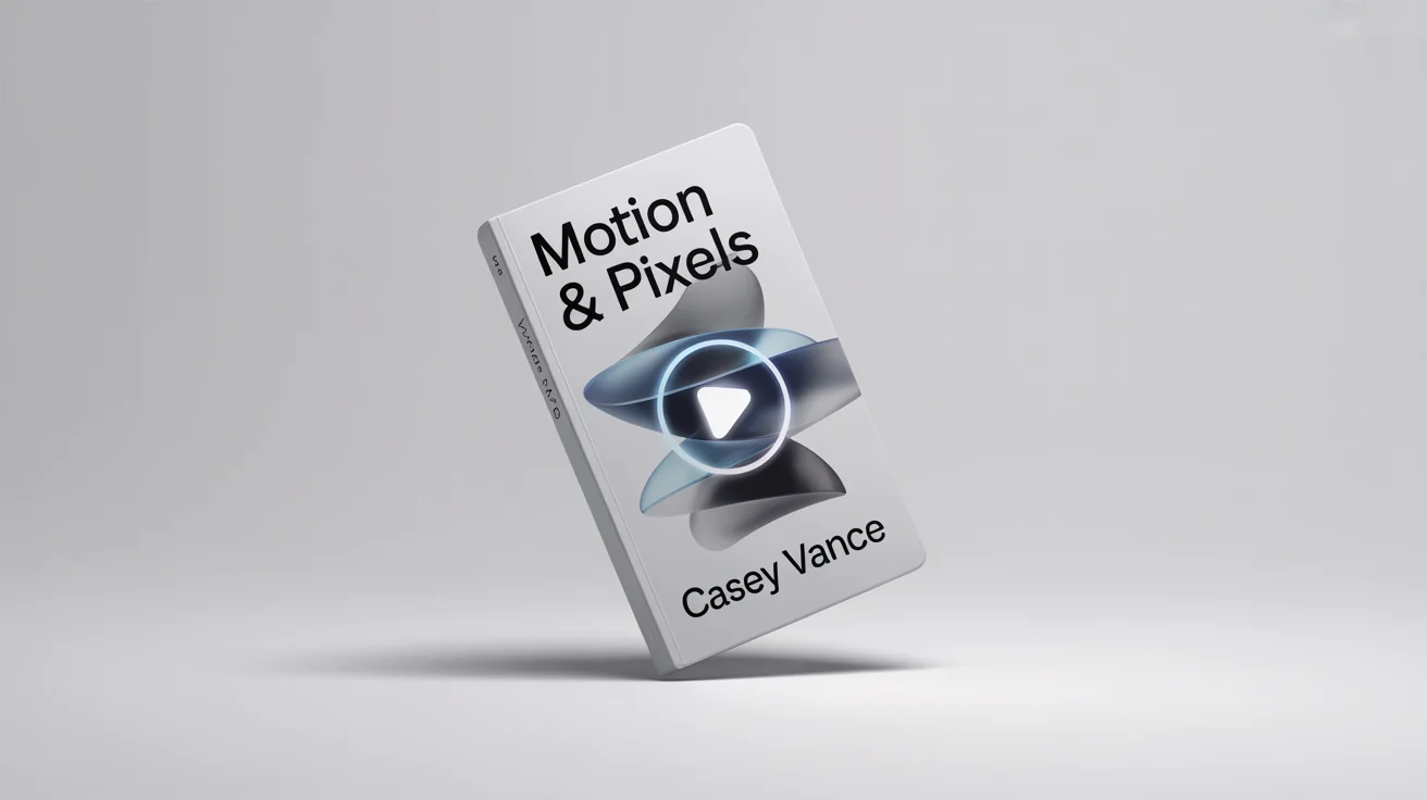 A professional mockup of an ebook titled 'Motion & Pixels', displayed at an angle against a white background with a glowing play button icon, representing an ebook video mockup.