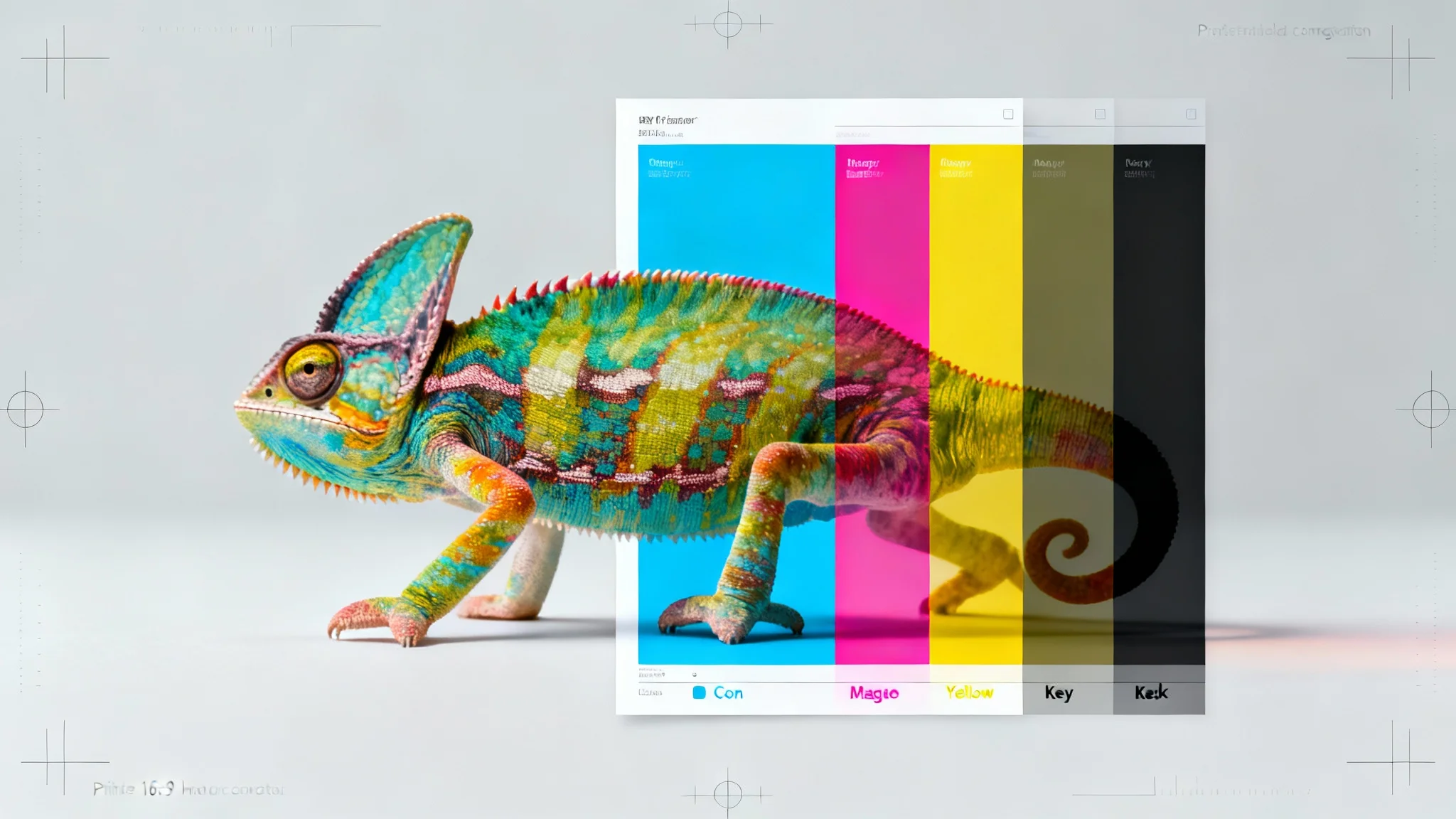 A colorful chameleon photo shown partially in full color and partially deconstructed into its separate Cyan, Magenta, Yellow, and Black (CMYK) print layers, representing the output of a CMYK converter.