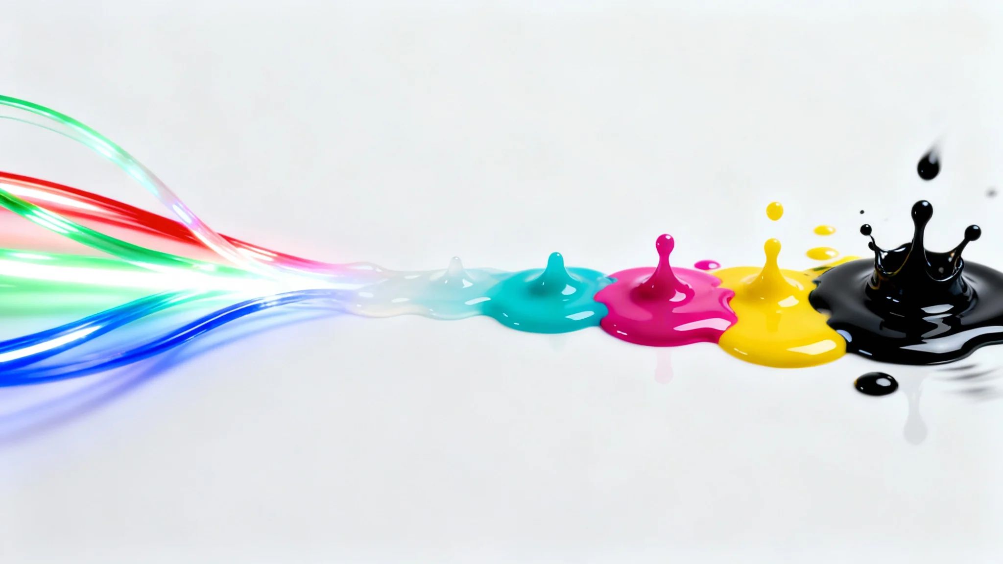 A conceptual image illustrating the conversion from RGB to CMYK, with glowing red, green, and blue light on one side transitioning into physical cyan, magenta, yellow, and black ink droplets on the other.