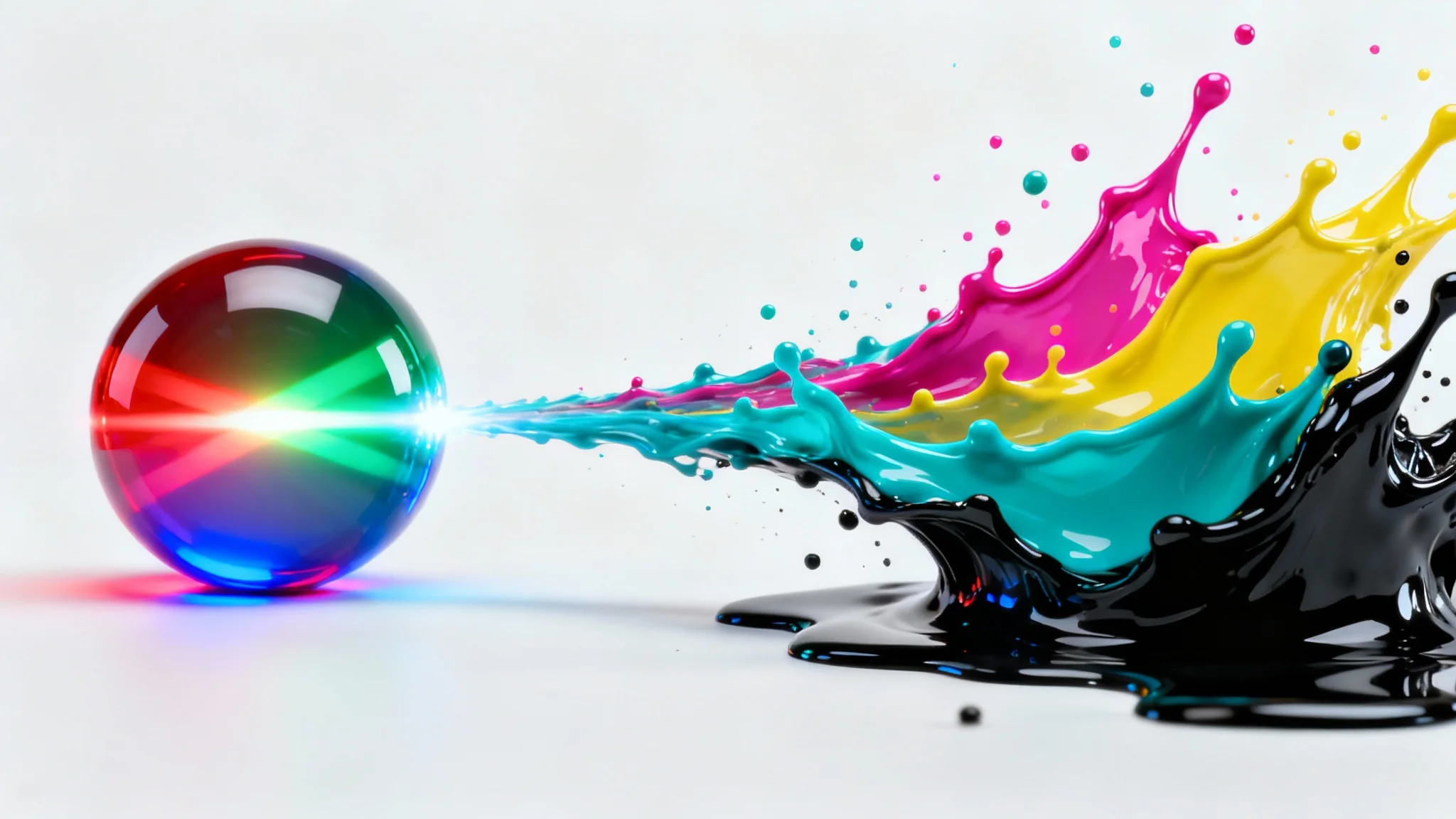 An abstract, conceptual image illustrating color conversion. A glowing sphere of RGB light on the left transforms into vibrant splashes of CMYK ink (cyan, magenta, yellow, and black) on the right, all set against a clean white background.