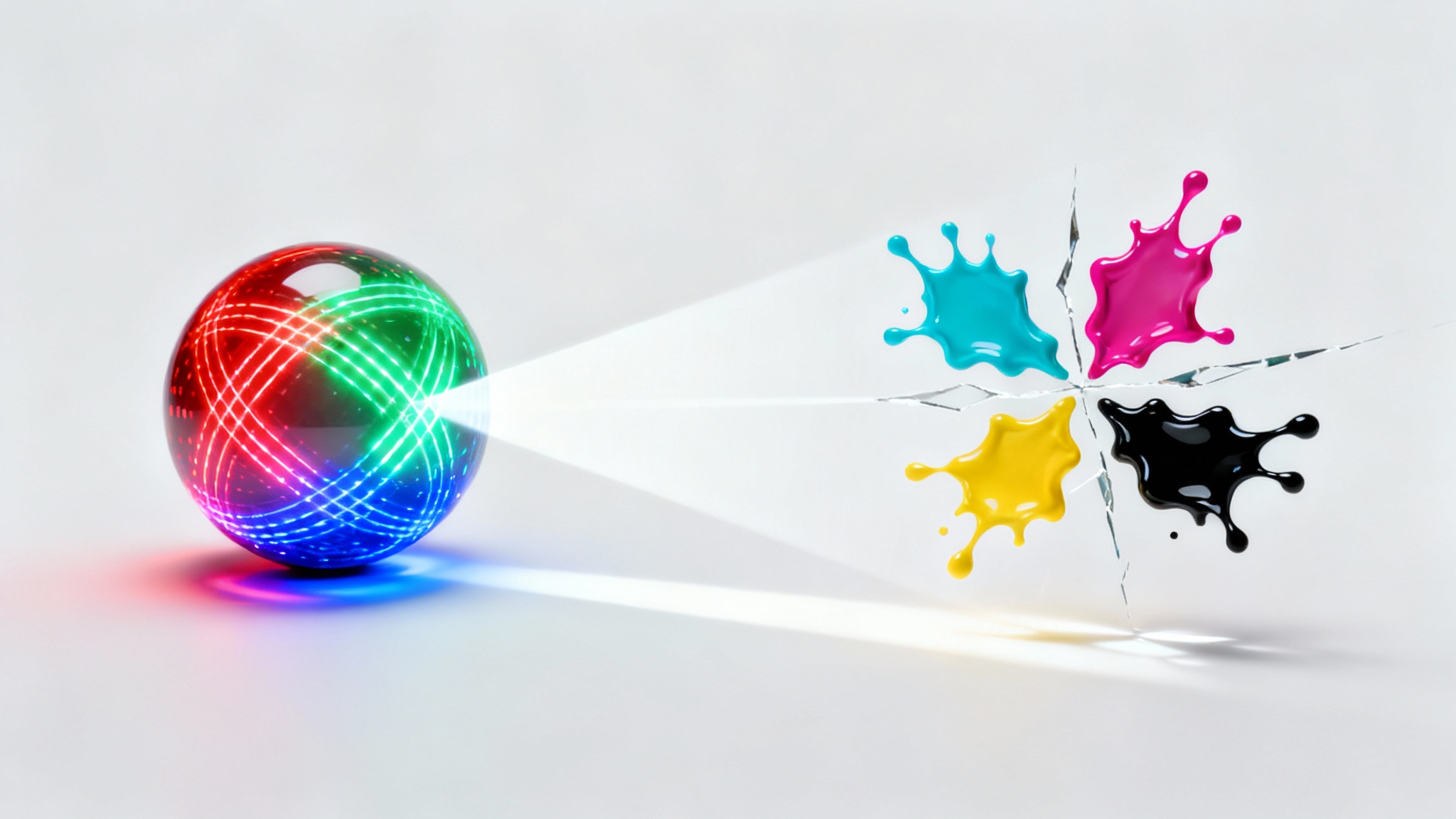 An abstract illustration of RGB to CMYK color conversion. A glowing sphere of red, green, and blue light on the left emits a beam that transforms into separate splashes of cyan, magenta, yellow, and black ink on the right, all against a clean white background.