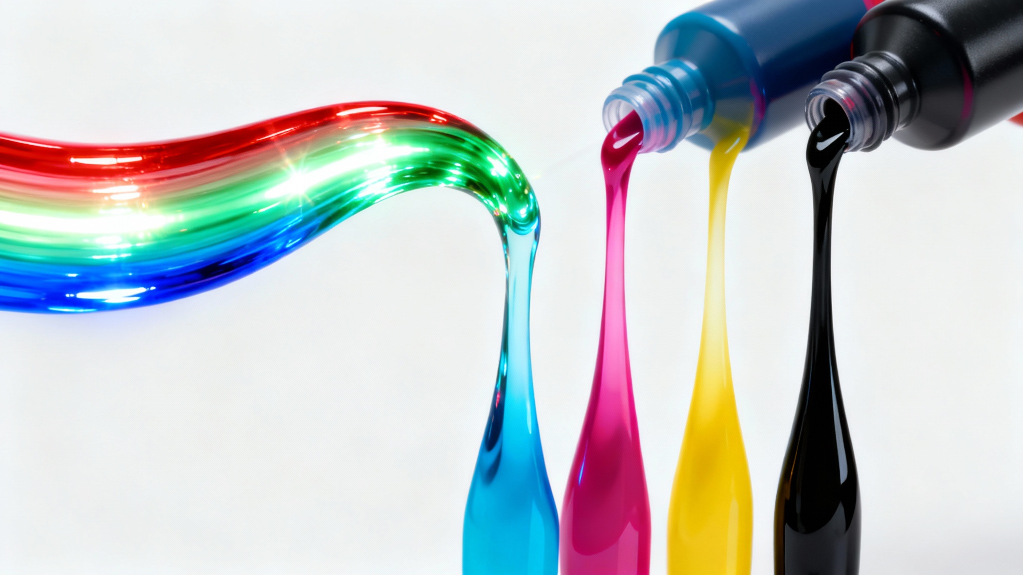 A conceptual image illustrating color space conversion. A glowing stream of RGB light on the left transforms into distinct streams of cyan, magenta, yellow, and black ink on the right, all on a clean white background.