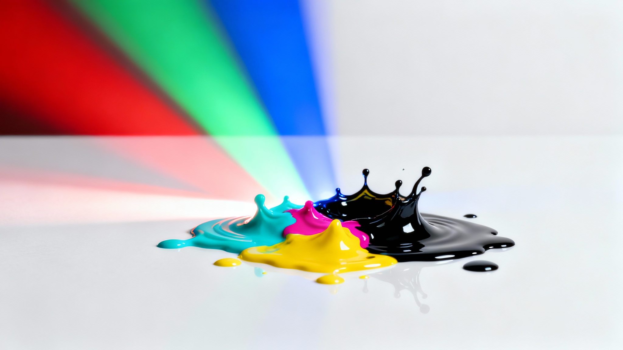 A conceptual image illustrating the CMYK conversion process, with beams of red, green, and blue light transforming into a physical splash of cyan, magenta, yellow, and black ink on a white background.