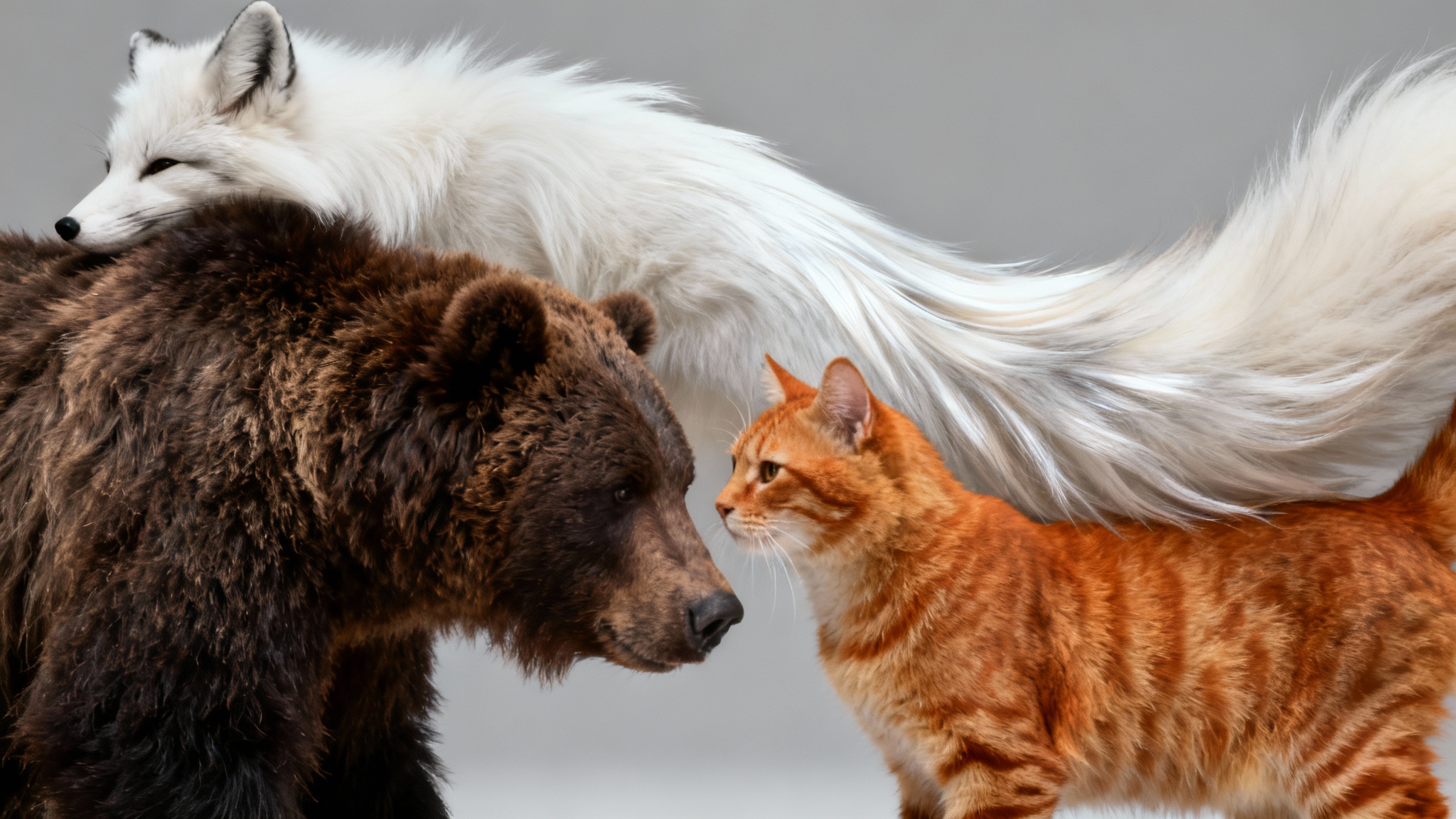 An eye-catching, hyperrealistic macro image displaying three different types of fur—long white fox fur, short orange cat fur, and coarse brown bear fur—arranged in a beautiful, flowing composition to showcase extreme detail.