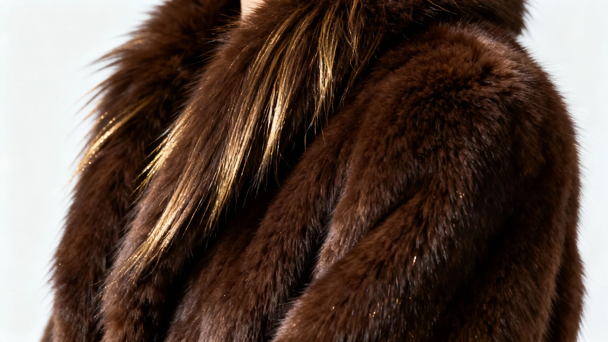 A detailed, close-up photograph of a rich, chocolate brown fur texture, showcasing its long, silky hairs and soft, dense quality against a plain white background.