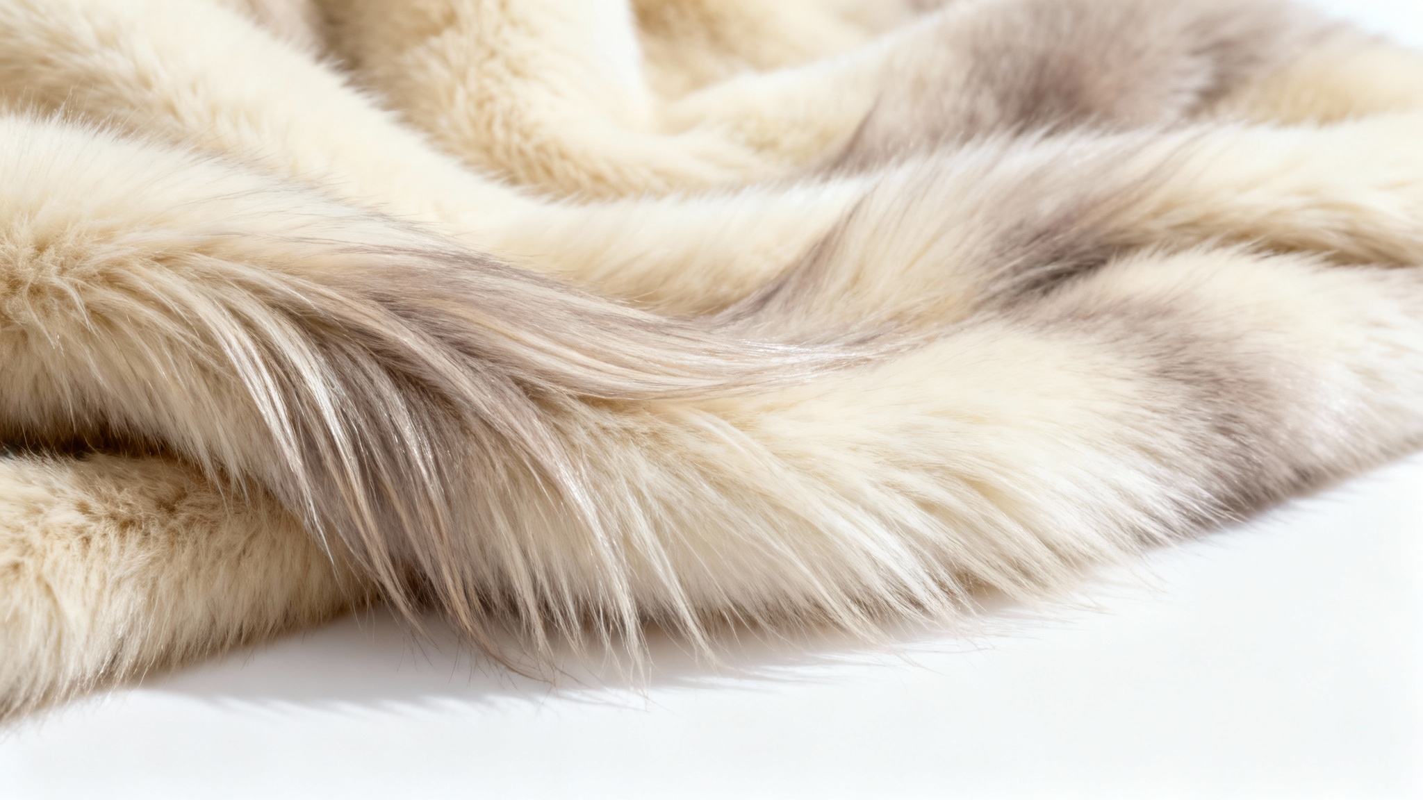 A close-up, detailed photograph of a luxurious, multi-toned faux fur texture in shades of cream and beige, set against a stark white background to emphasize its softness and quality.