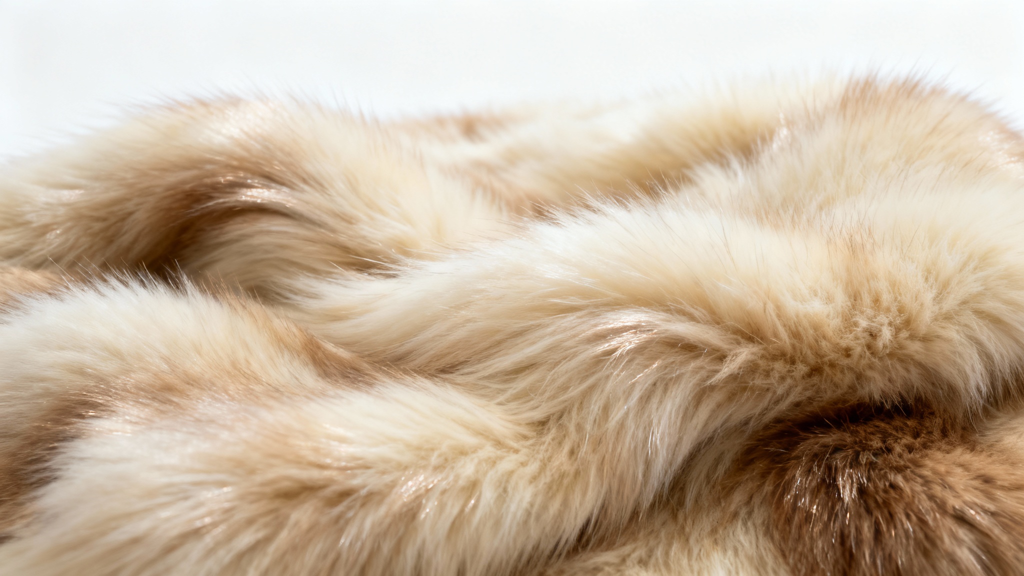 A photorealistic macro shot of a luxurious piece of beige and cream-colored faux fur, showcasing its soft, dense texture against a clean white background.