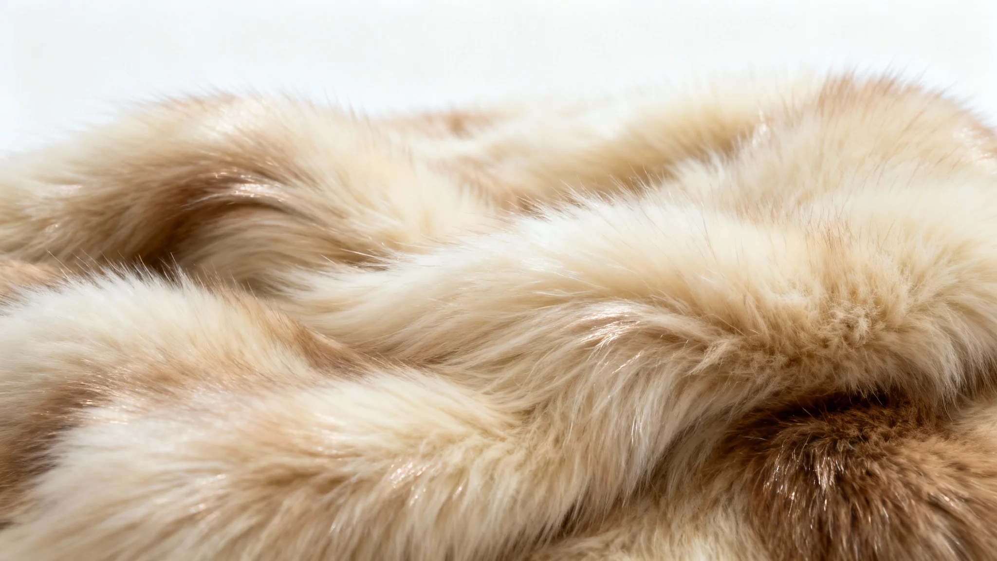 A photorealistic macro shot of a luxurious piece of beige and cream-colored faux fur, showcasing its soft, dense texture against a clean white background.