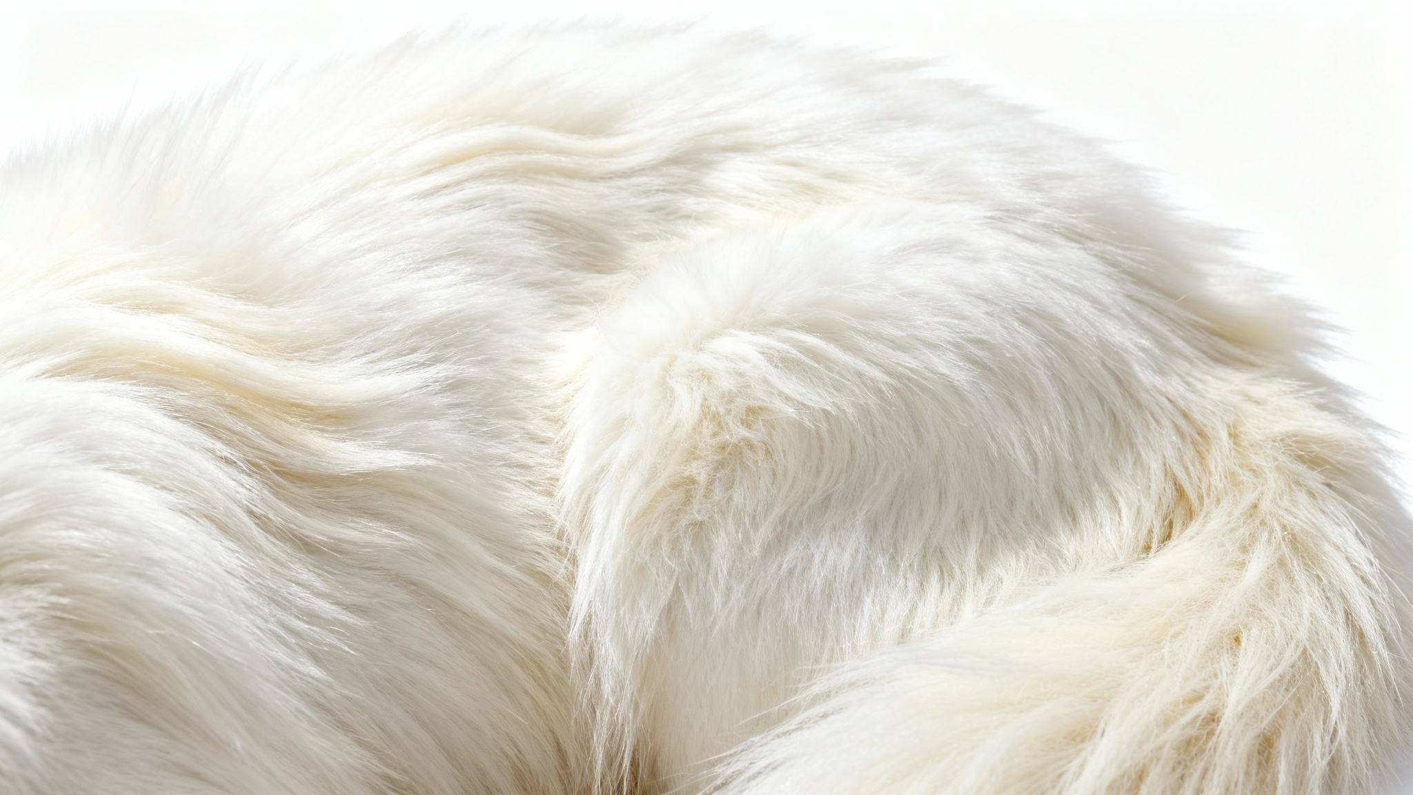 A detailed macro shot of a soft and fluffy white fur texture, showcased against a plain white background, emphasizing its luxurious feel.