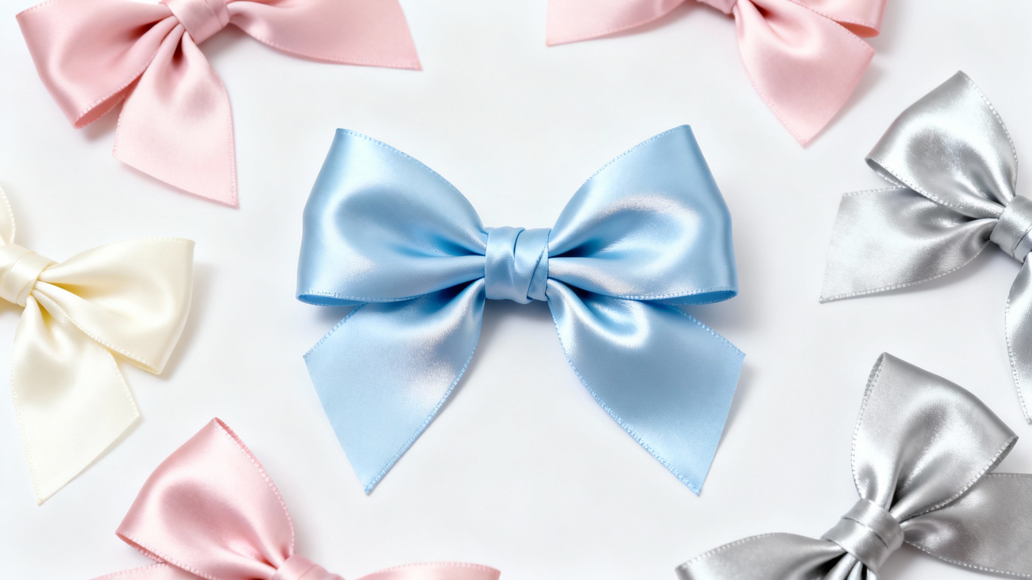 A collection of photorealistic, high-quality satin bows in light blue, pink, cream, and silver, artistically arranged on a clean white background, showcasing their glossy texture and perfect form.