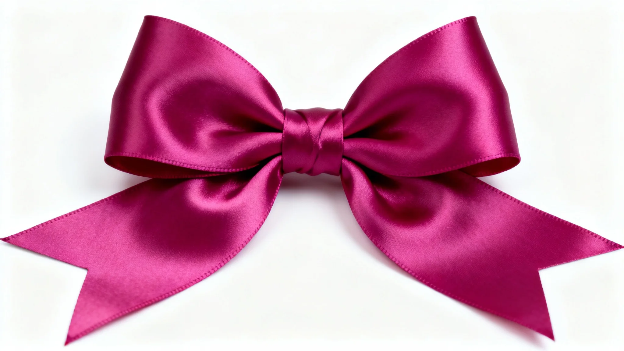 A photorealistic image of a single, perfectly formed, shiny magenta satin bow with flowing ribbons, set against a plain white background.