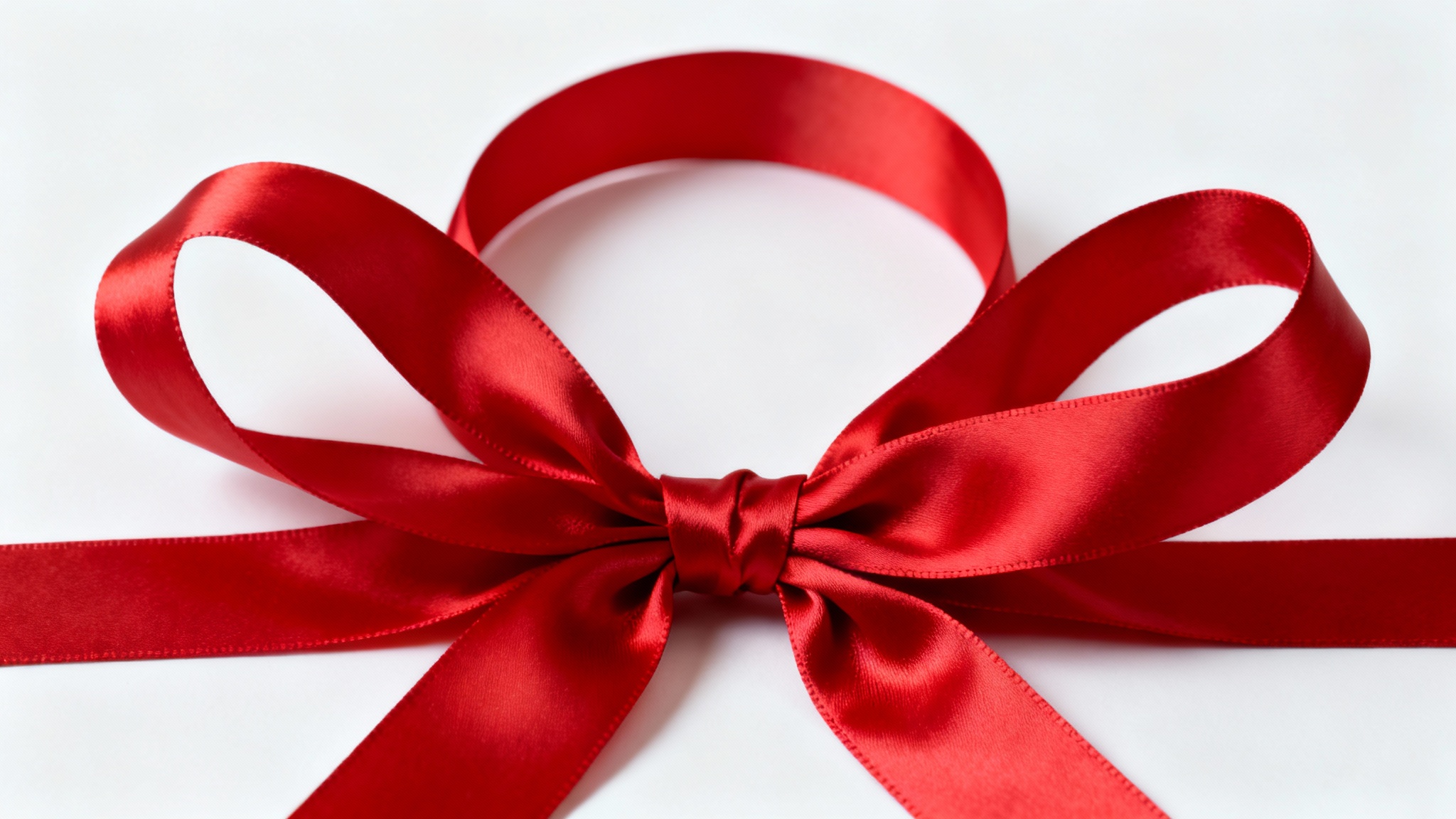 A hyper-realistic image of a single, vibrant crimson satin bow, perfectly tied and casting a soft shadow on a clean white background.