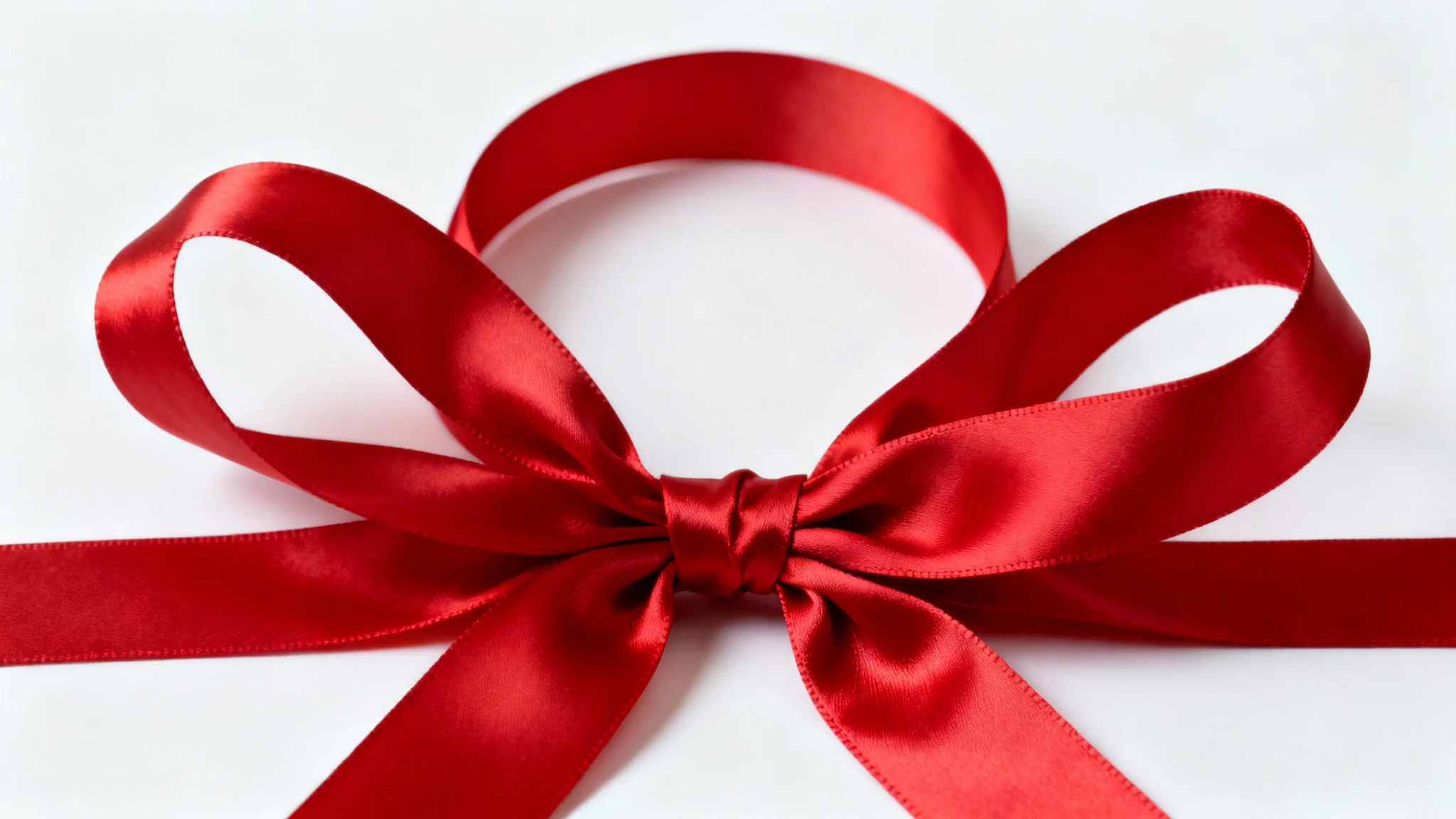A hyper-realistic image of a single, vibrant crimson satin bow, perfectly tied and casting a soft shadow on a clean white background.