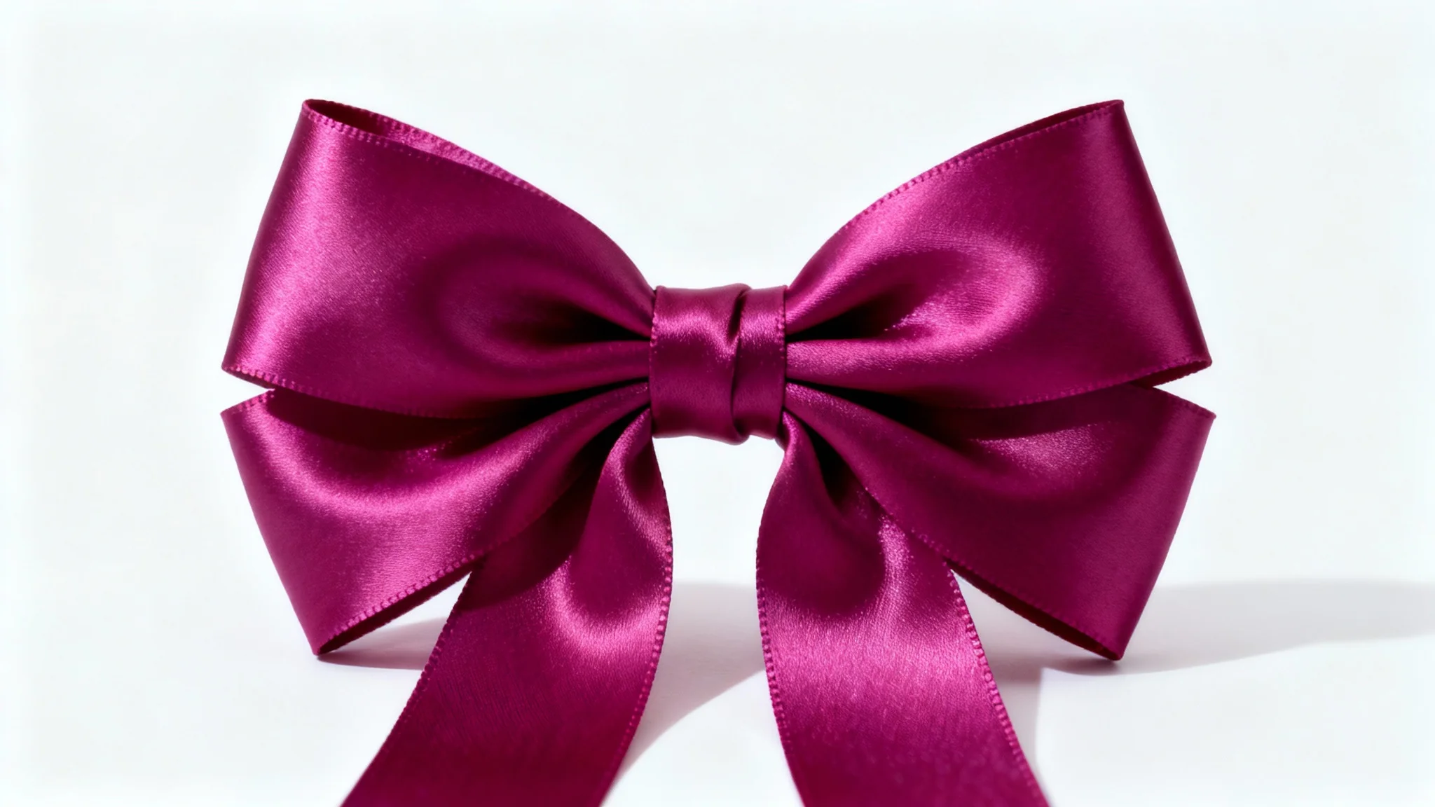 A photorealistic image of a single, perfectly tied magenta satin bow with a glossy finish, set against a plain white background.