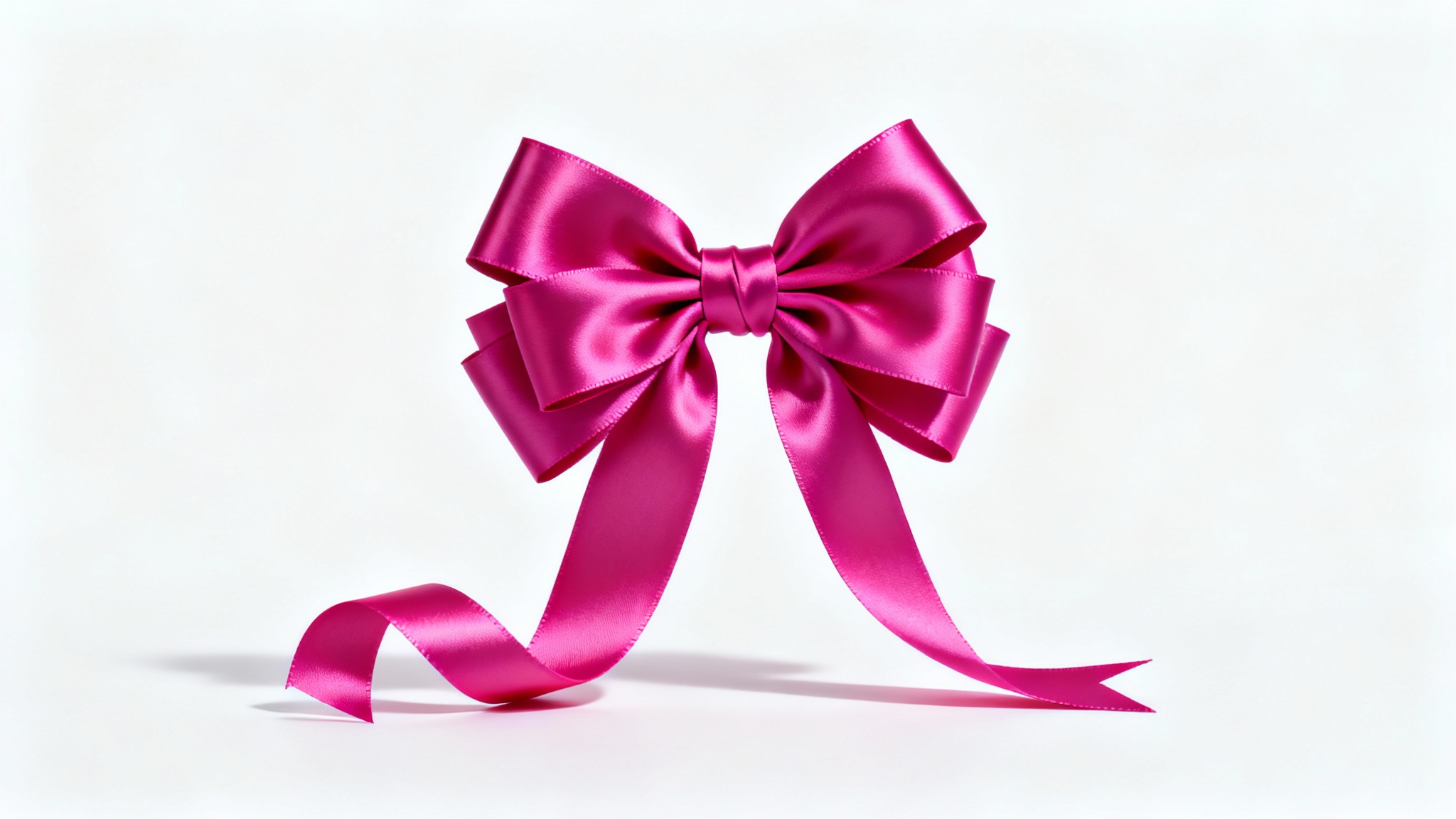 A hyper-realistic mockup of a large, vibrant fuchsia pink satin bow with flowing ribbons, isolated on a clean white background.