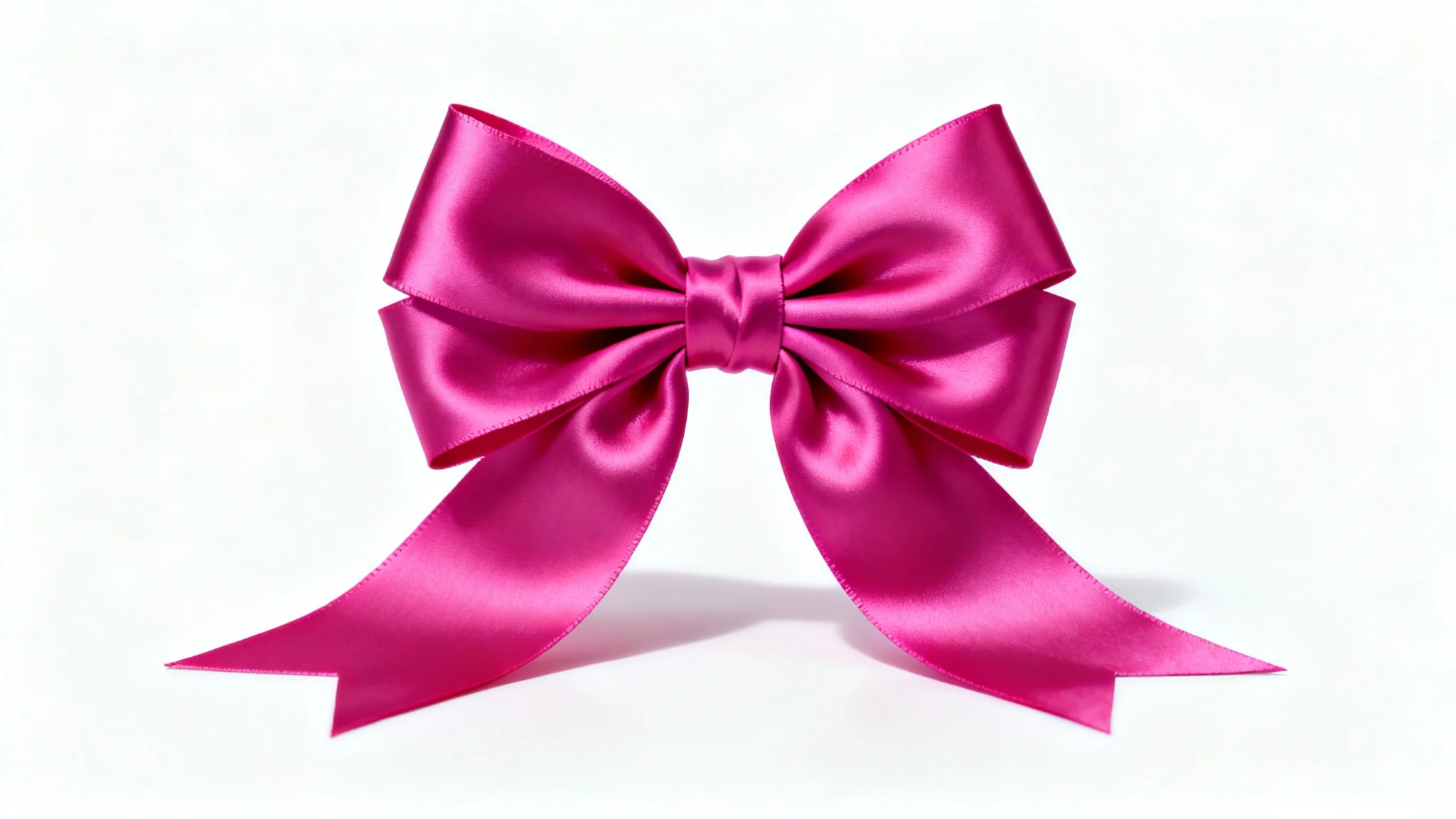 A photorealistic mockup of a large, vibrant fuchsia pink satin bow with a glossy finish, perfectly tied and isolated on a clean white background.