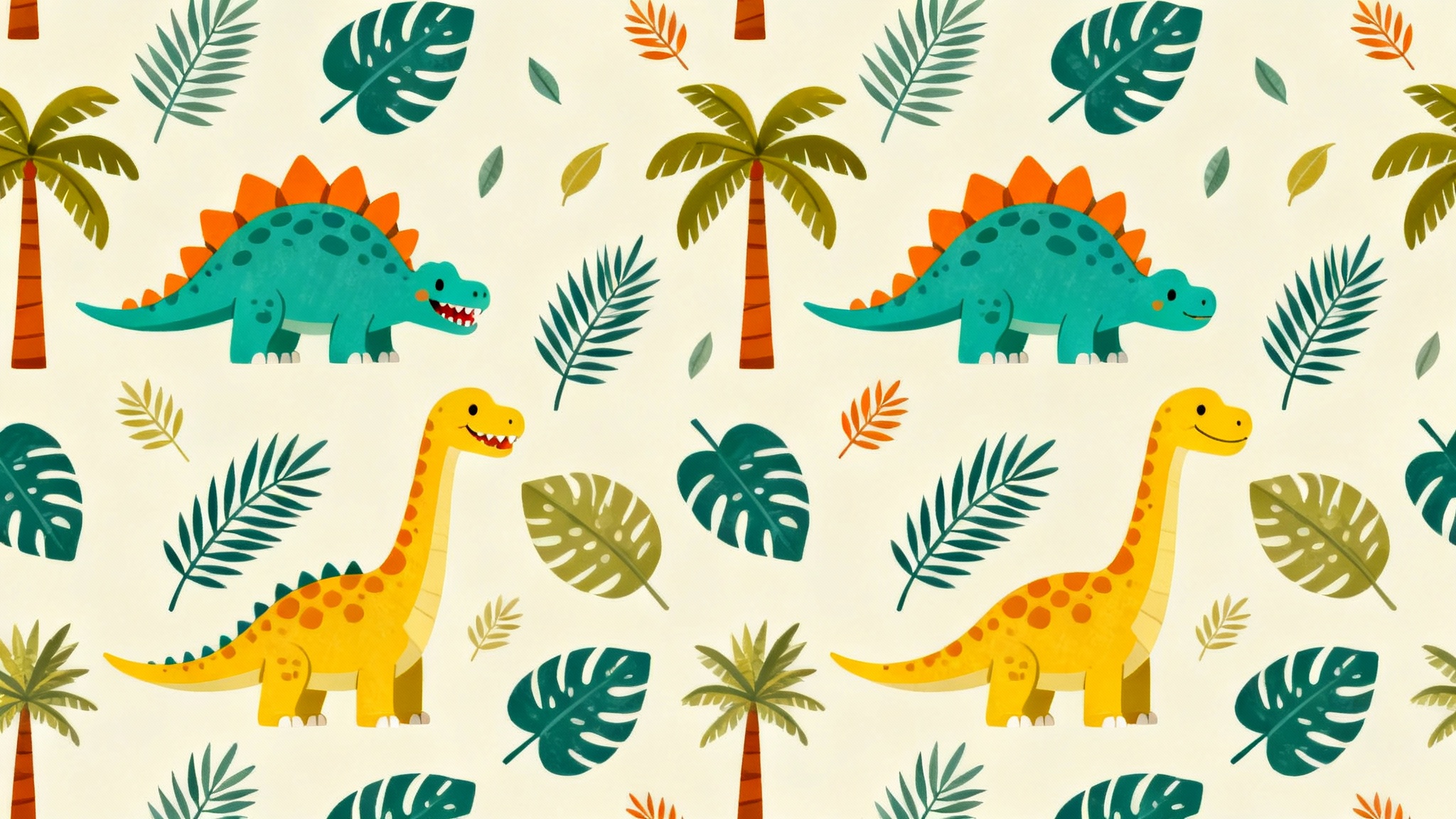 A seamless, repeating pattern featuring cute, stylized dinosaurs in shades of teal, orange, and yellow on a light background, shown as a final design on a textured surface.
