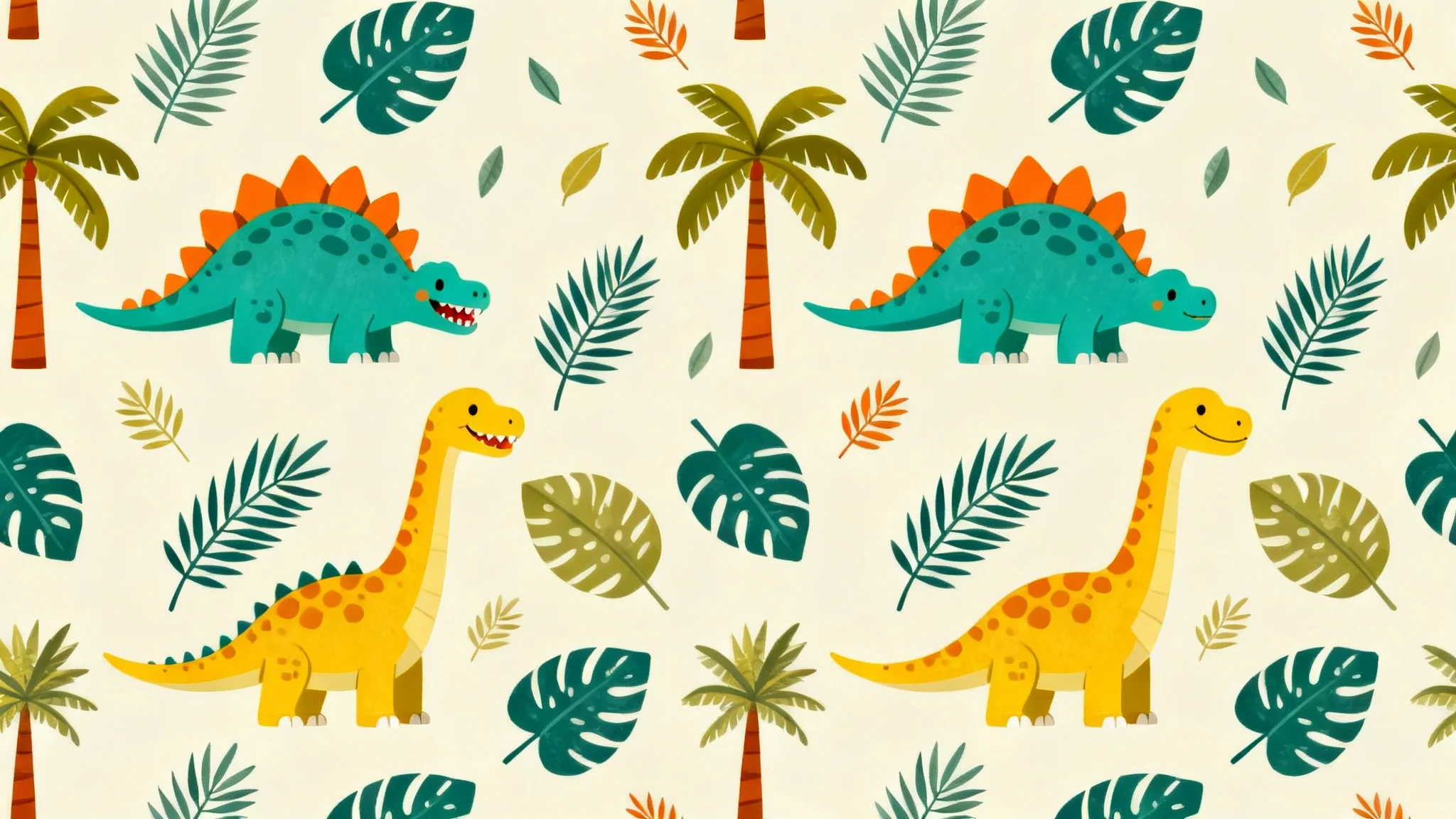 A seamless, repeating pattern featuring cute, stylized dinosaurs in shades of teal, orange, and yellow on a light background, shown as a final design on a textured surface.