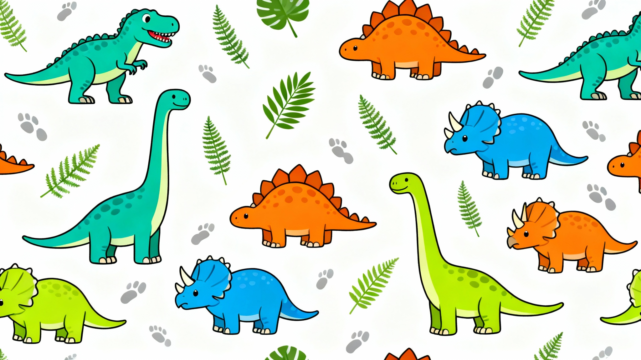 A seamless repeating pattern of cute, colorful cartoon dinosaurs and tropical leaves on a white background, in a flat vector style.