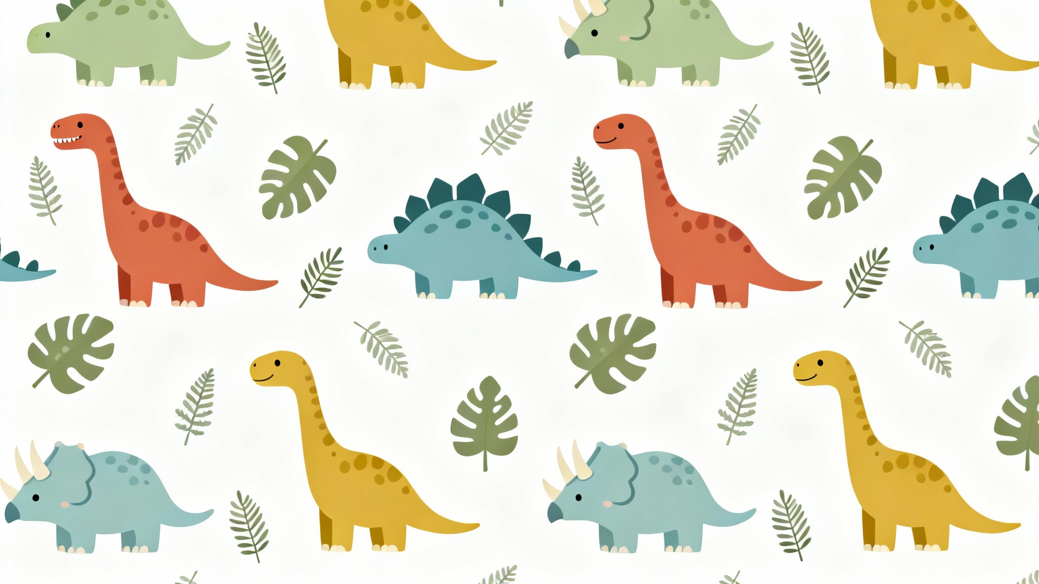 A seamless pattern featuring cute, cartoon-style dinosaurs in muted greens, blues, and oranges on a clean white background.